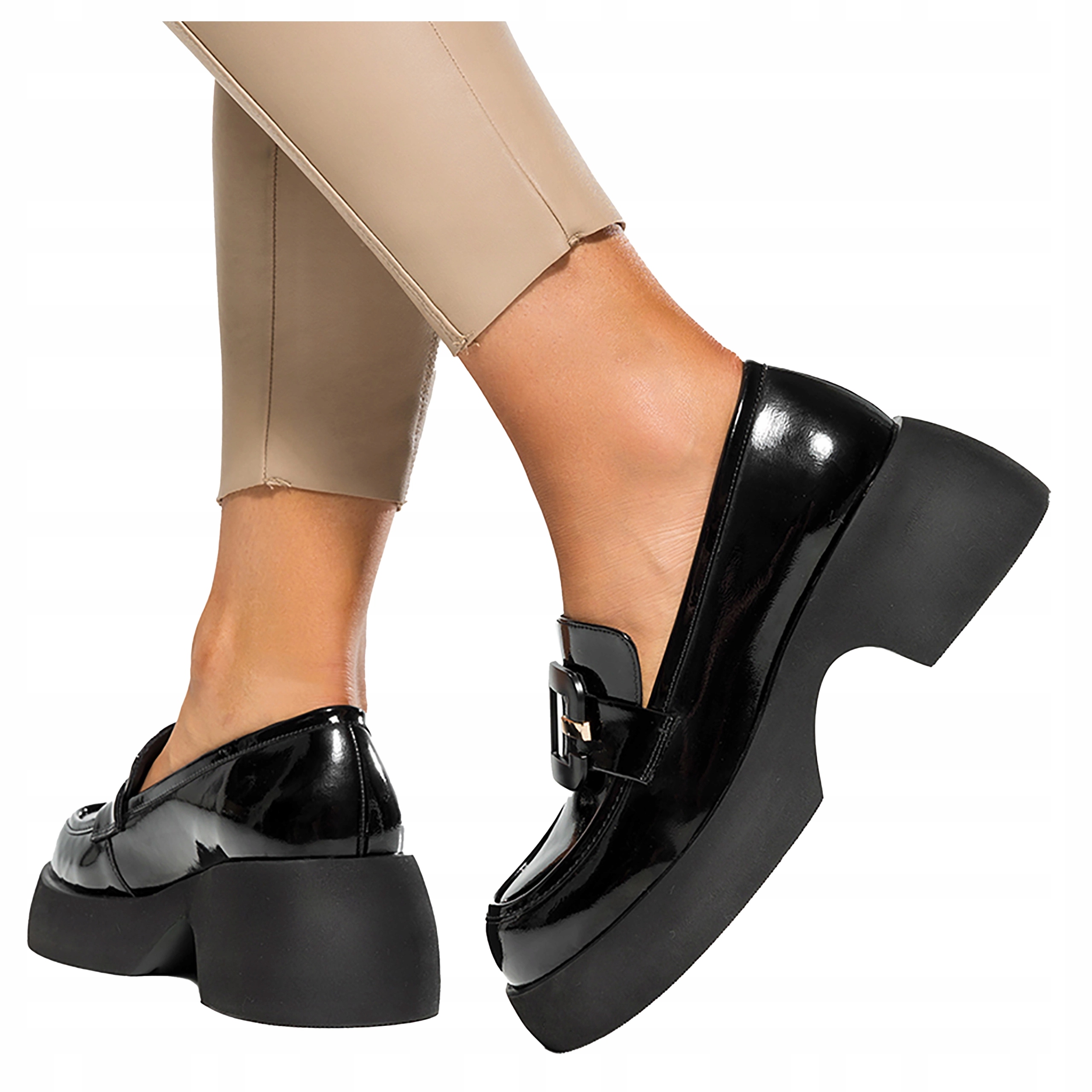 Černé kožené lakované Mokasíny Široký blok Pohodlné Stabilní velikost 38