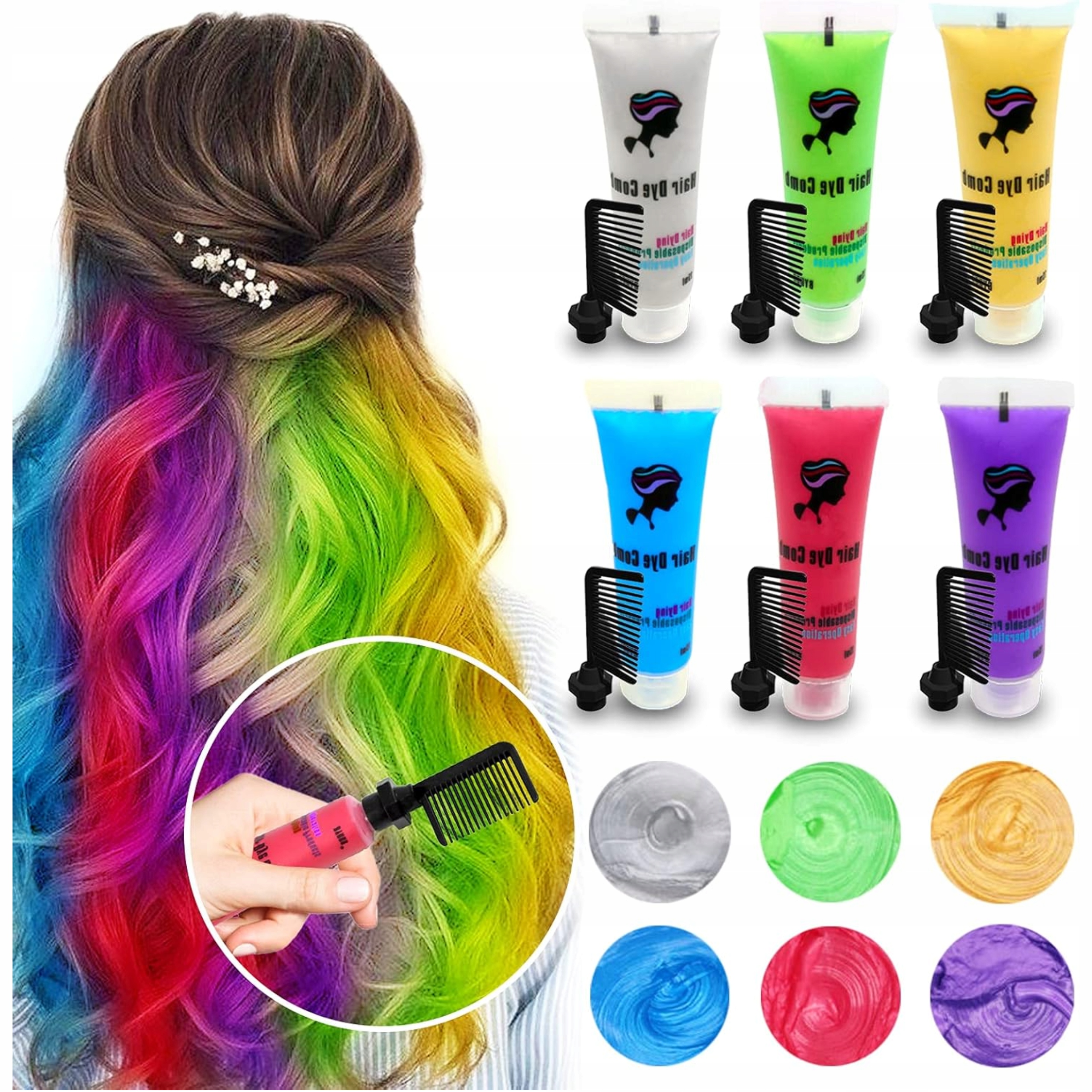 Sada 6 barev Křída Na Barvení Vlasů Pro Děti Omyvatelná Hřeben