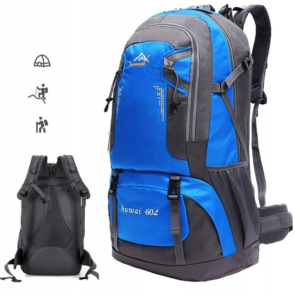 Niebieski Plecak Turystyczny 60L Wodoodporny Nylon Z Pasem Biodrowym
