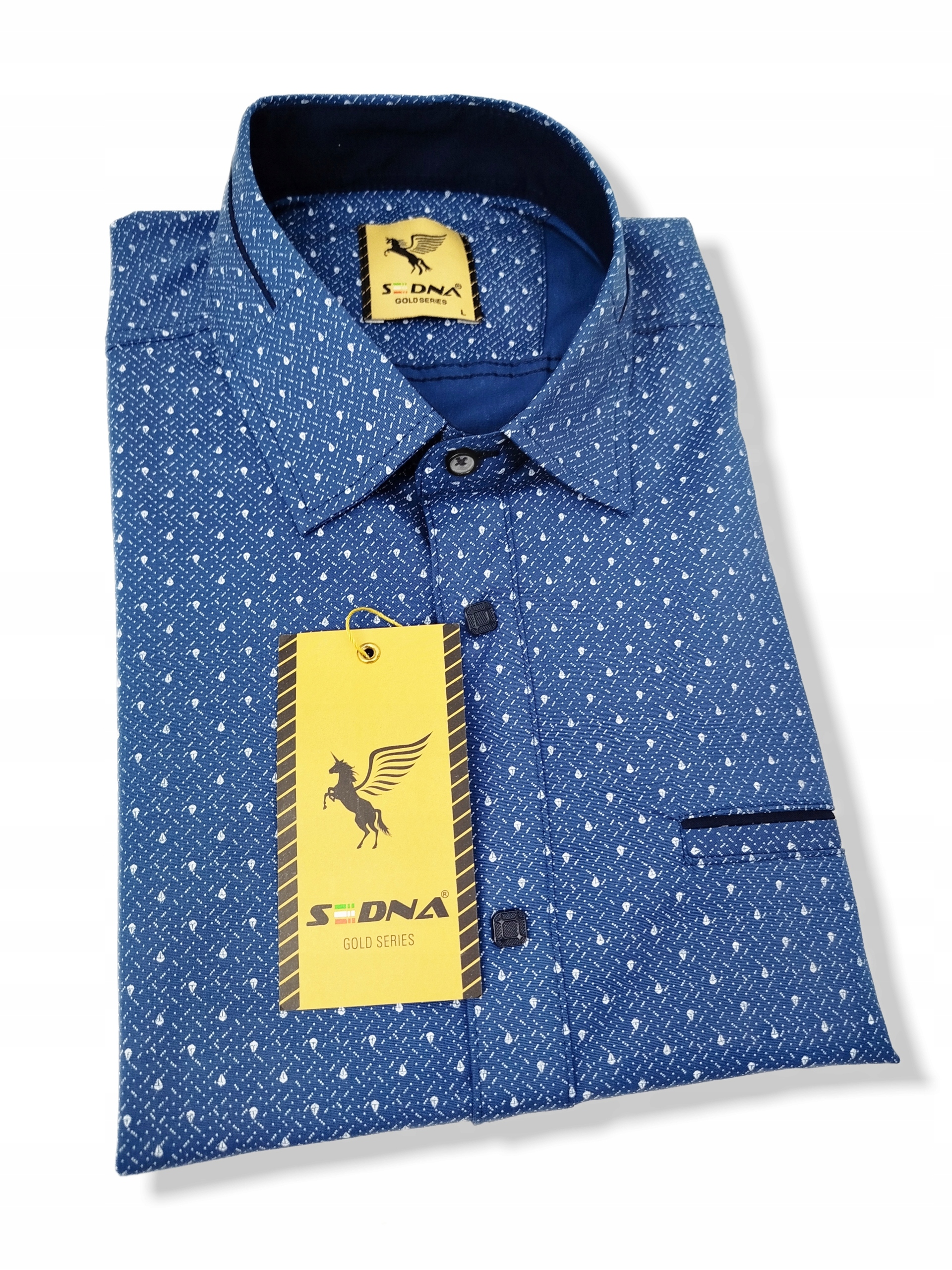 KOSZULA MĘSKA NIEBIESKA INDIGO KRÓTKI RĘKAW SDN 068 ROZ: M 39/40 Model Elegancka