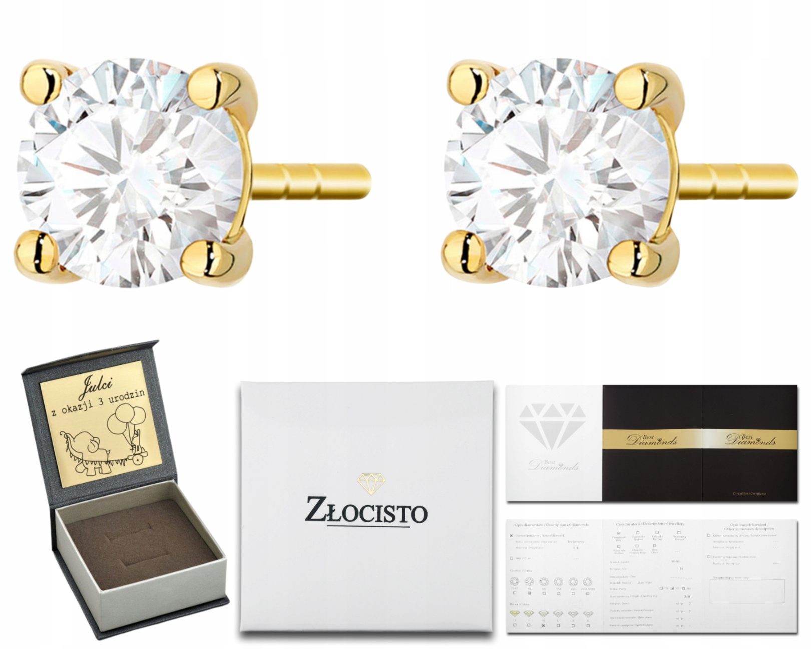 Zlaté Náušnice , Laboratorní Diamanty, Pěvkové Náušnice, Pěvkové Náušnice, Zlato 585, Dárek