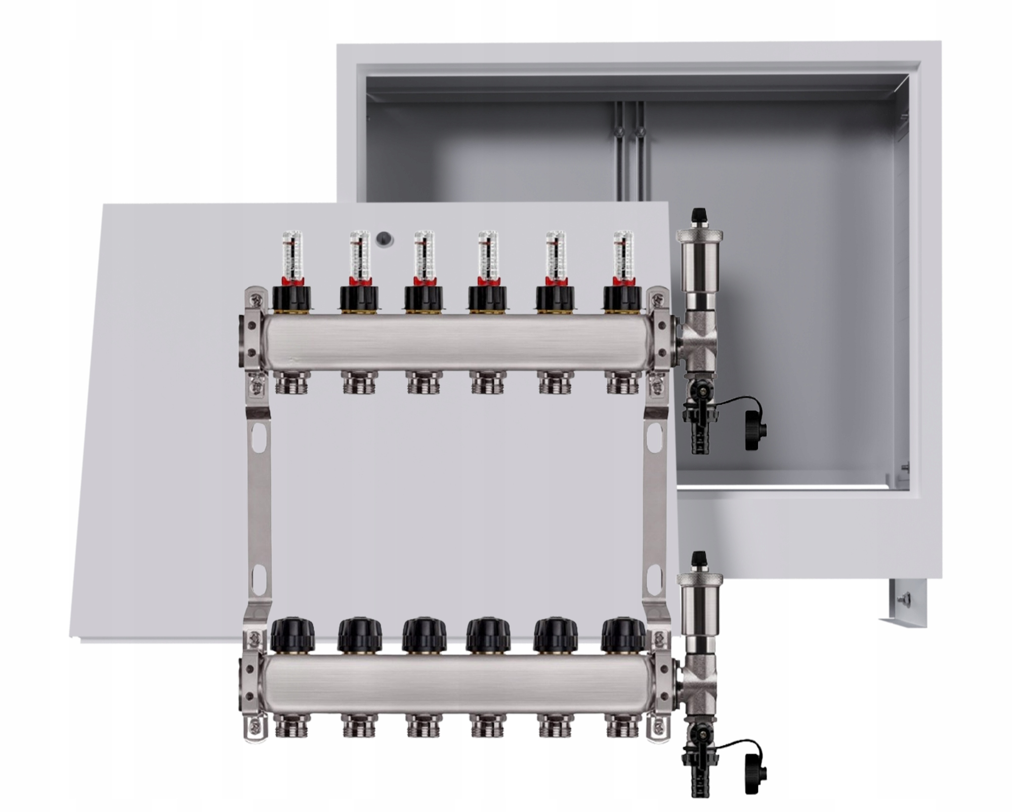 Nerezový rozdělovač pro podlahovku 6 okruhů s podomítkovou schránkou, bílý