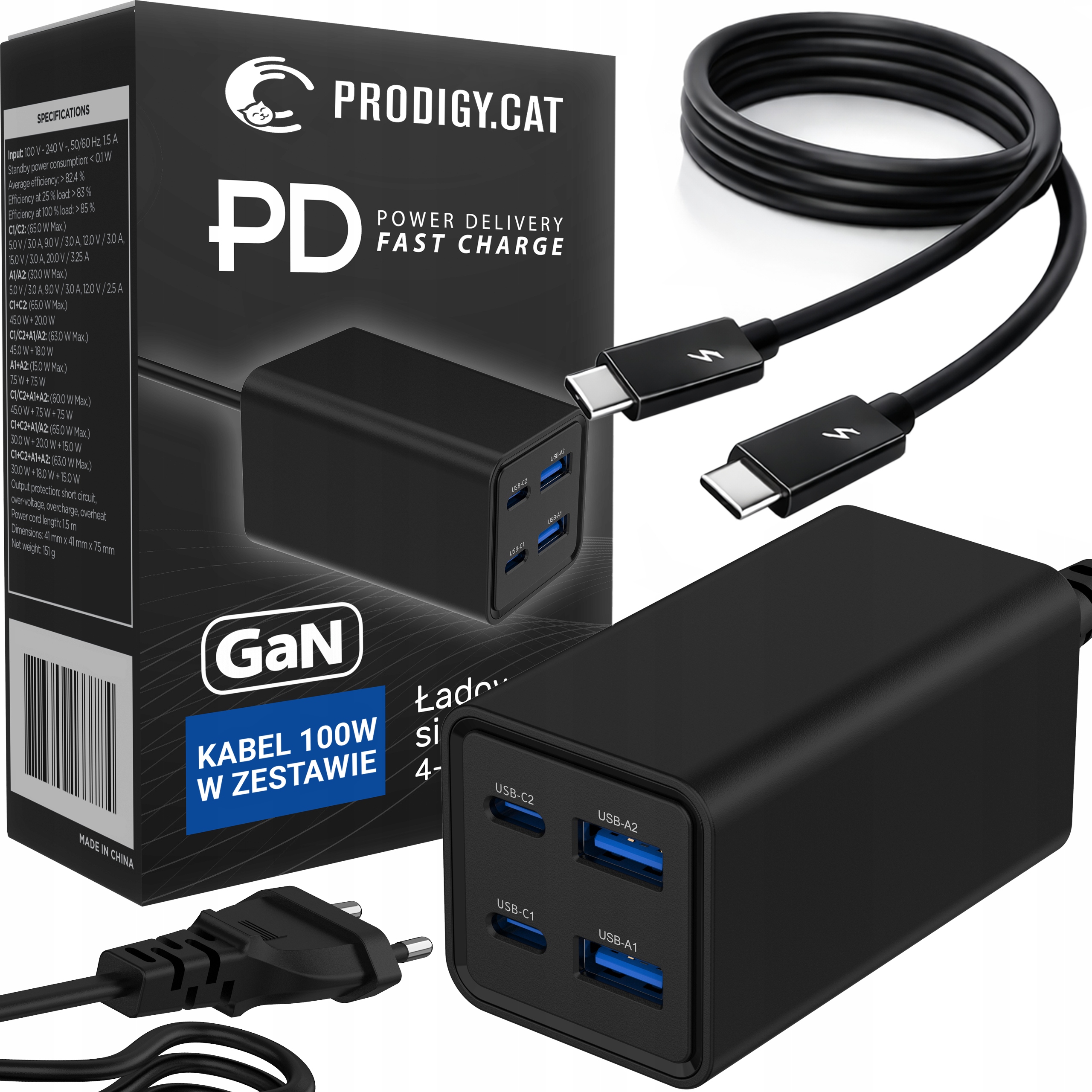 Zestaw Szybka Ładowarka Usb-c 65W Kabel Thunderbolt 100W Szybkie Ładowanie