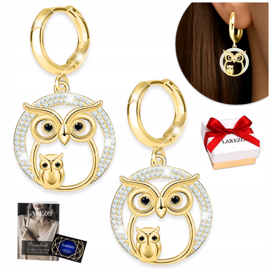 Zlaté Náušnice se sovou Závěsné Ptáci Sovy Kolečka se zirkony Stříbro 925