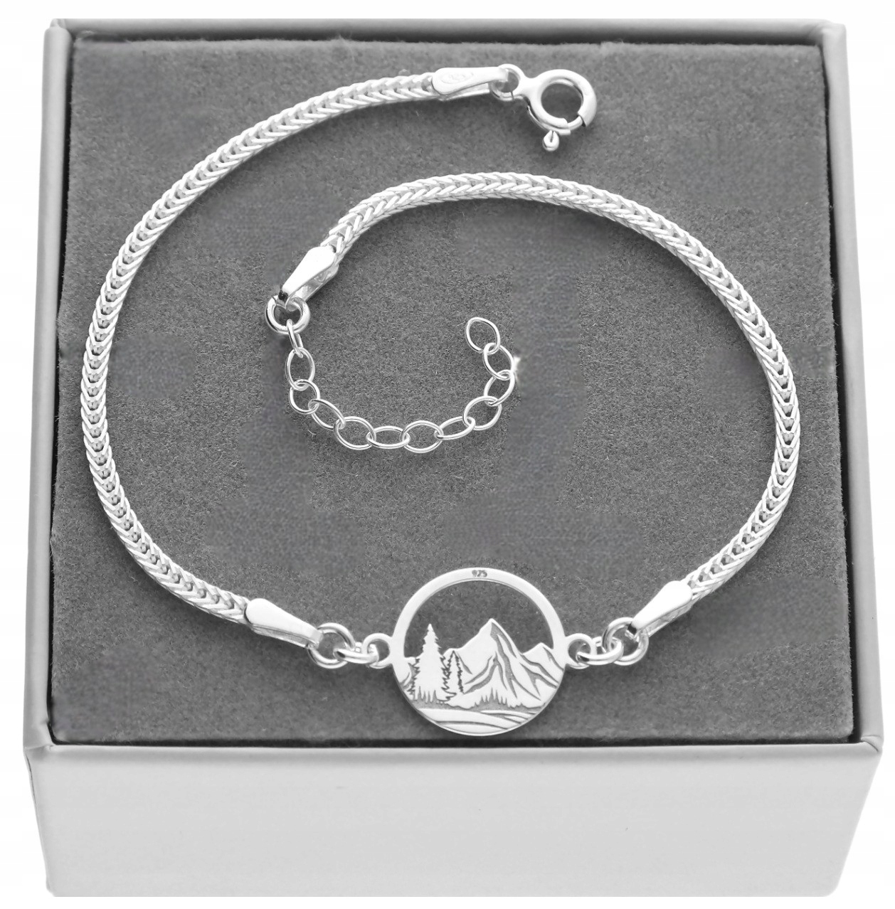 Stříbrný náramek hory s gravírování hor, stříbro 925, pro milovníky hor, 17 cm