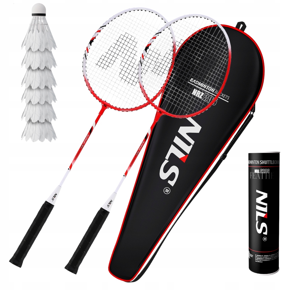 Komplet 2 Rakiety + 6 Lotek Piórkowych Do Gry W Badmintona W Pokrowcu NILS