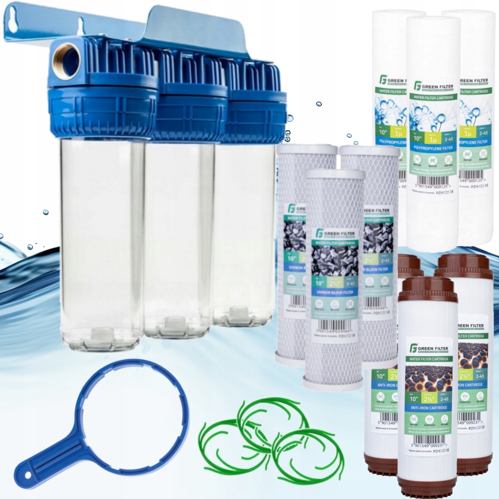 Zestaw 3 stopniowy filtr wody na cały dom narurowy 1" Green Filter