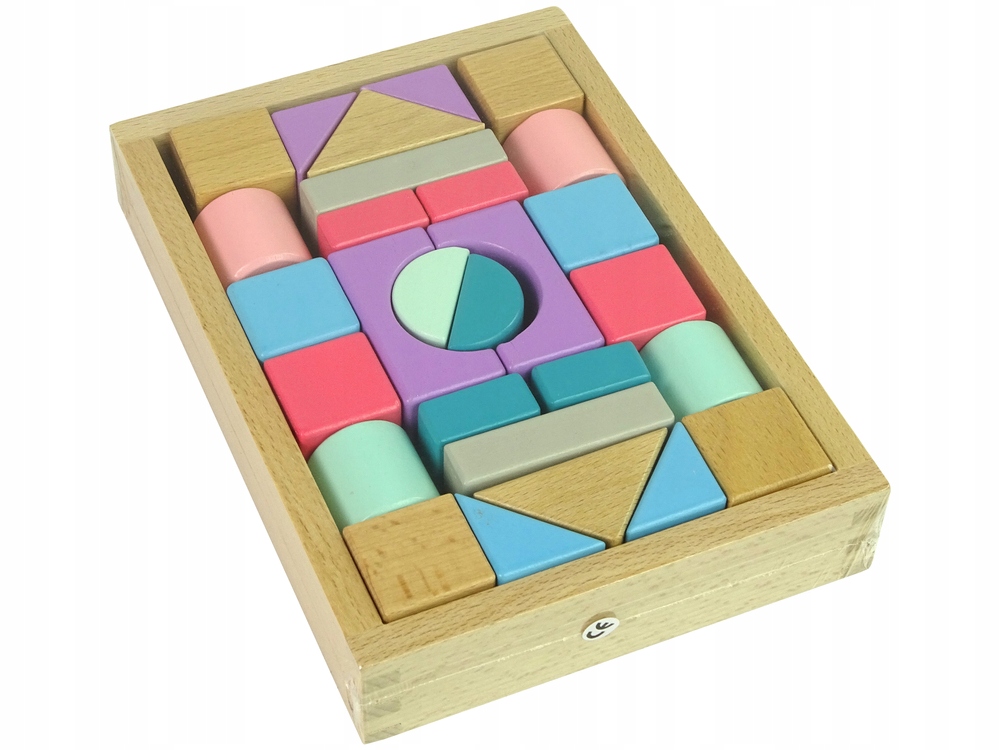 DREWNIANE PASTELOWE KLOCKI UKŁADANKA ZAMEK BUDOWLE Marka LEANToys