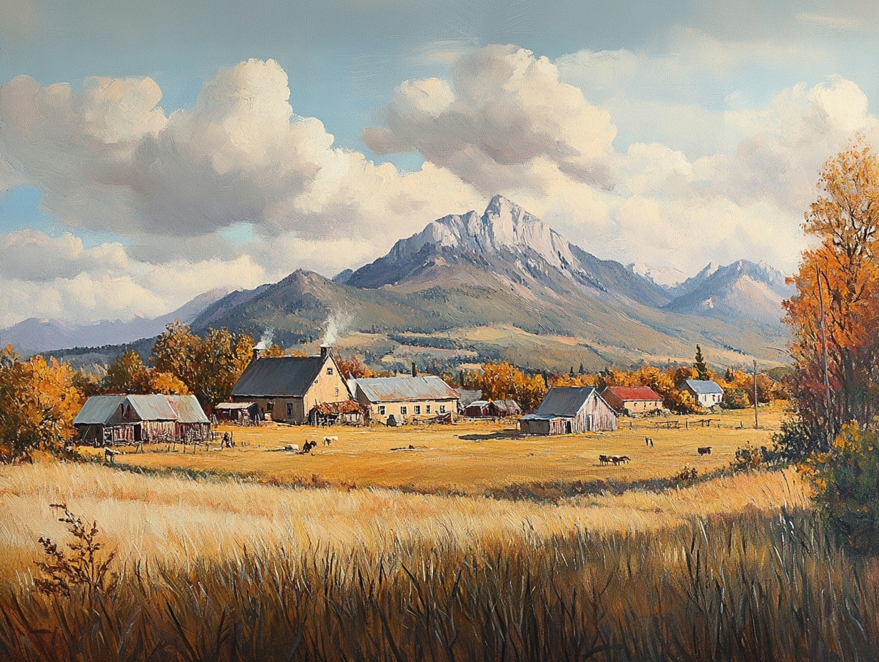 Obraz Na Plátně Canvas Krajina Rustikální Vesnice Domy Hory Pole Podzim 80x60