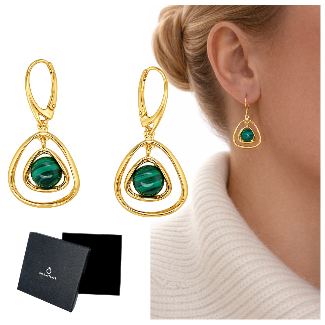 Náušnice pozlacené s přírodním malachitem stříbro 925, anglické zapínání