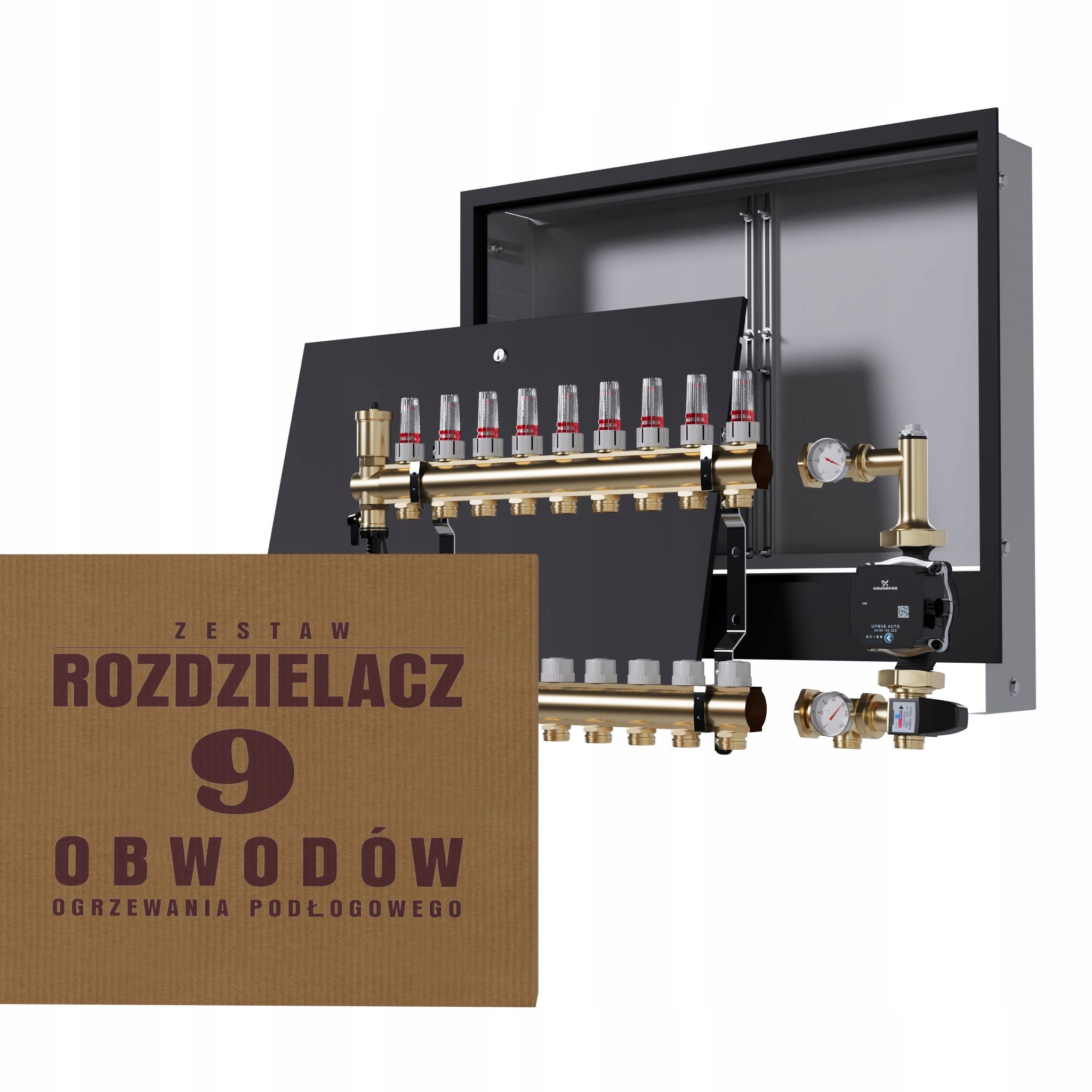 Rozdělovač pro podlahovku 9 okruhů se skupinou Grundfos podomítkový černý