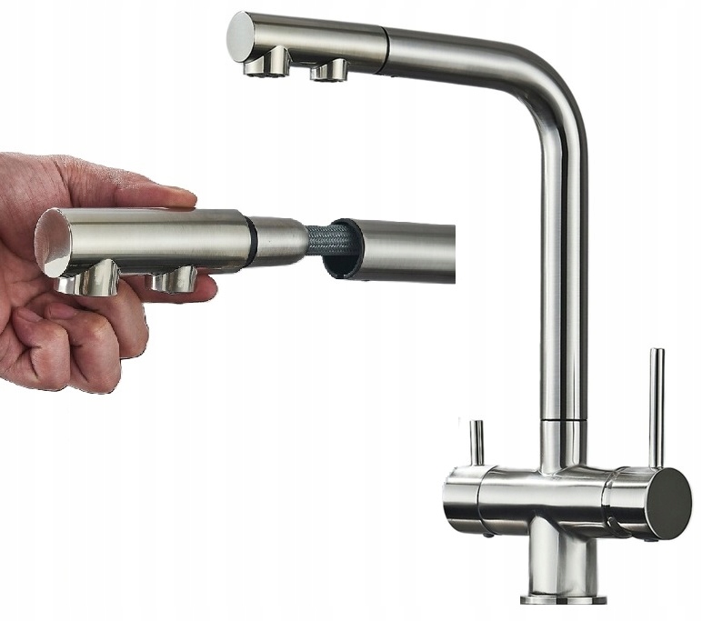 Kuchynská batéria trojcestná pre filter Stal Inox Nero Výsuvný výtok Ww