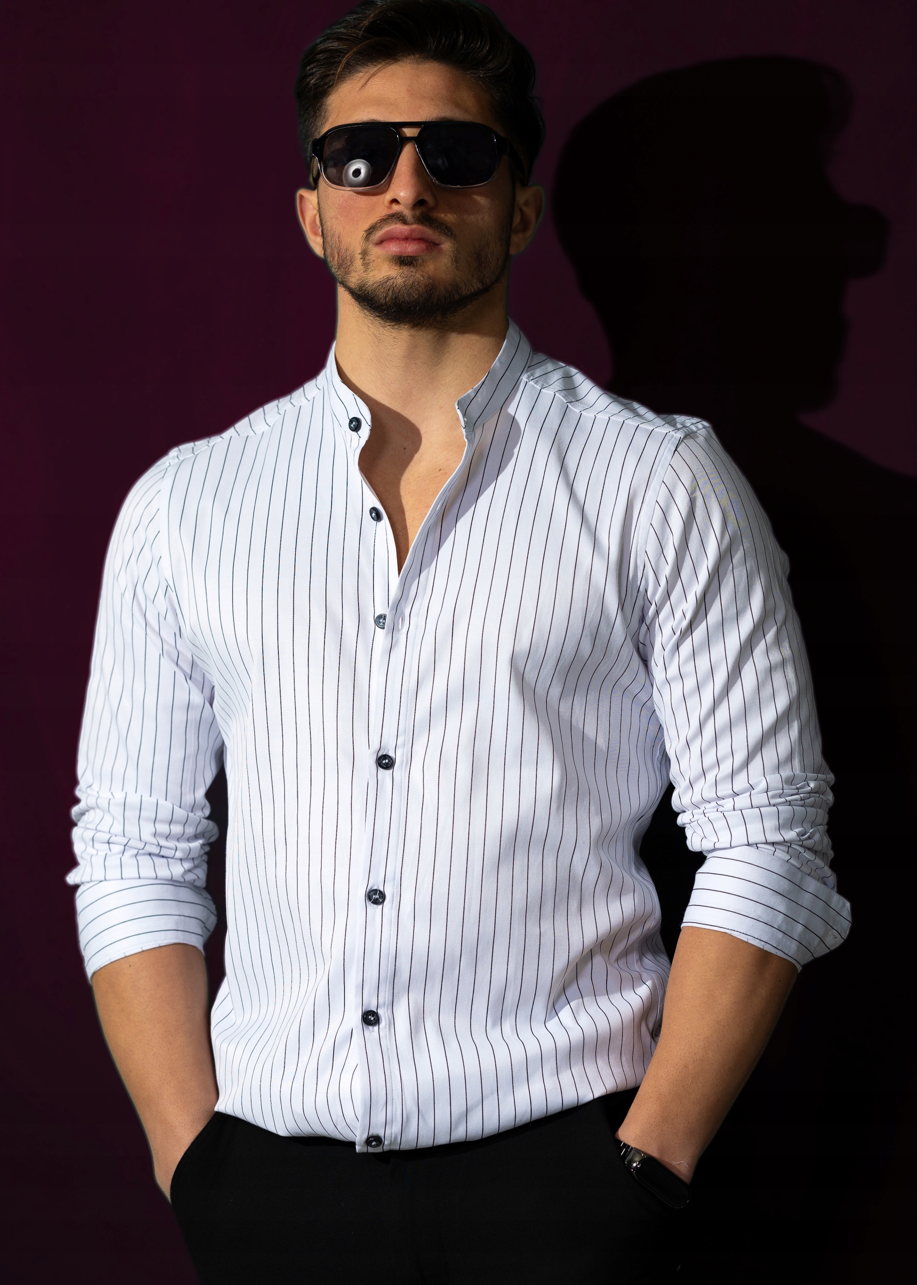 KOSZULA MĘSKA SLIM XL W PASKI BIAŁA ZE STÓJKĄ ELEGANCKA Model biala koszula meska