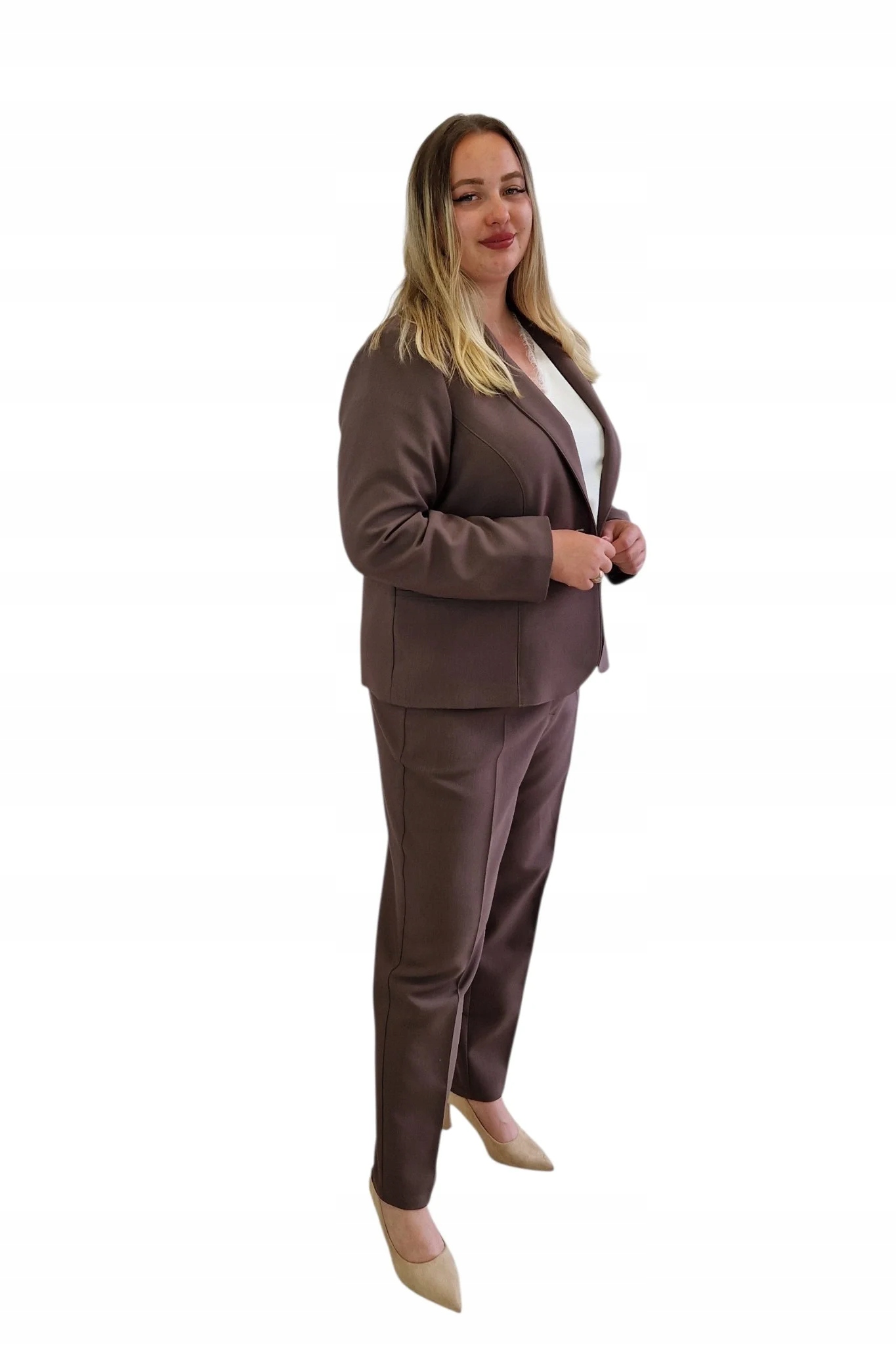 Elegantní dámský jednořadý oblek, hnědý, velikost 42