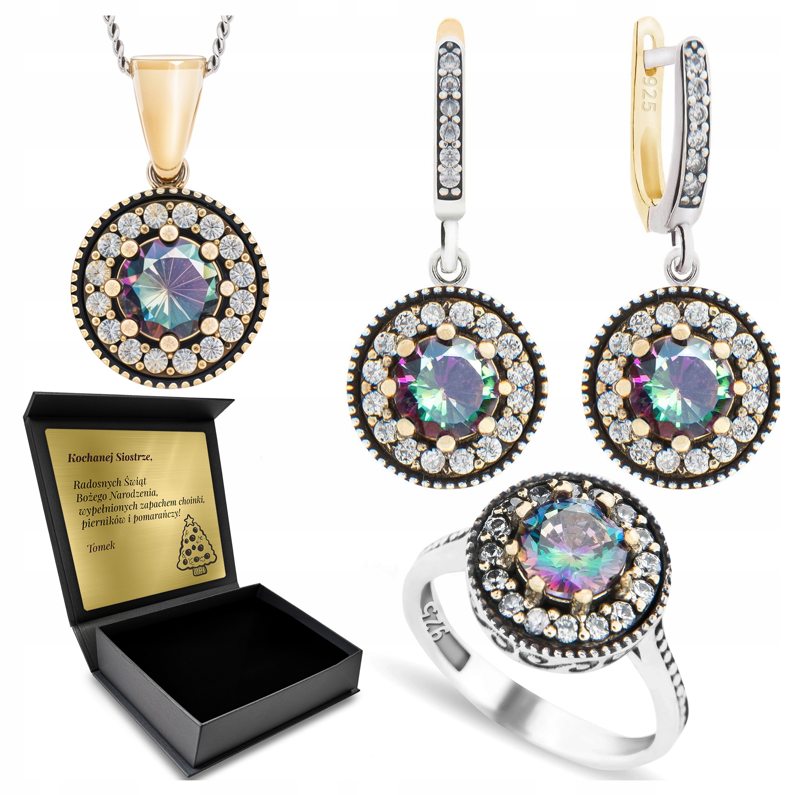 Sada Stříbrných Šperků 925 S Zirkony A Mystickým Topazem Gravírování