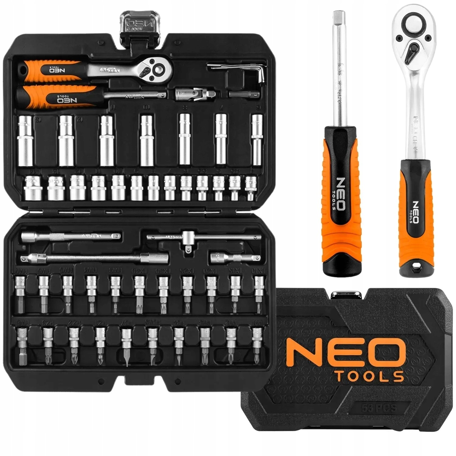 Neo Zestaw Klucze Nasadowe 55 el. Grzechotka 1/4" Nasadki Bity Torx Hex