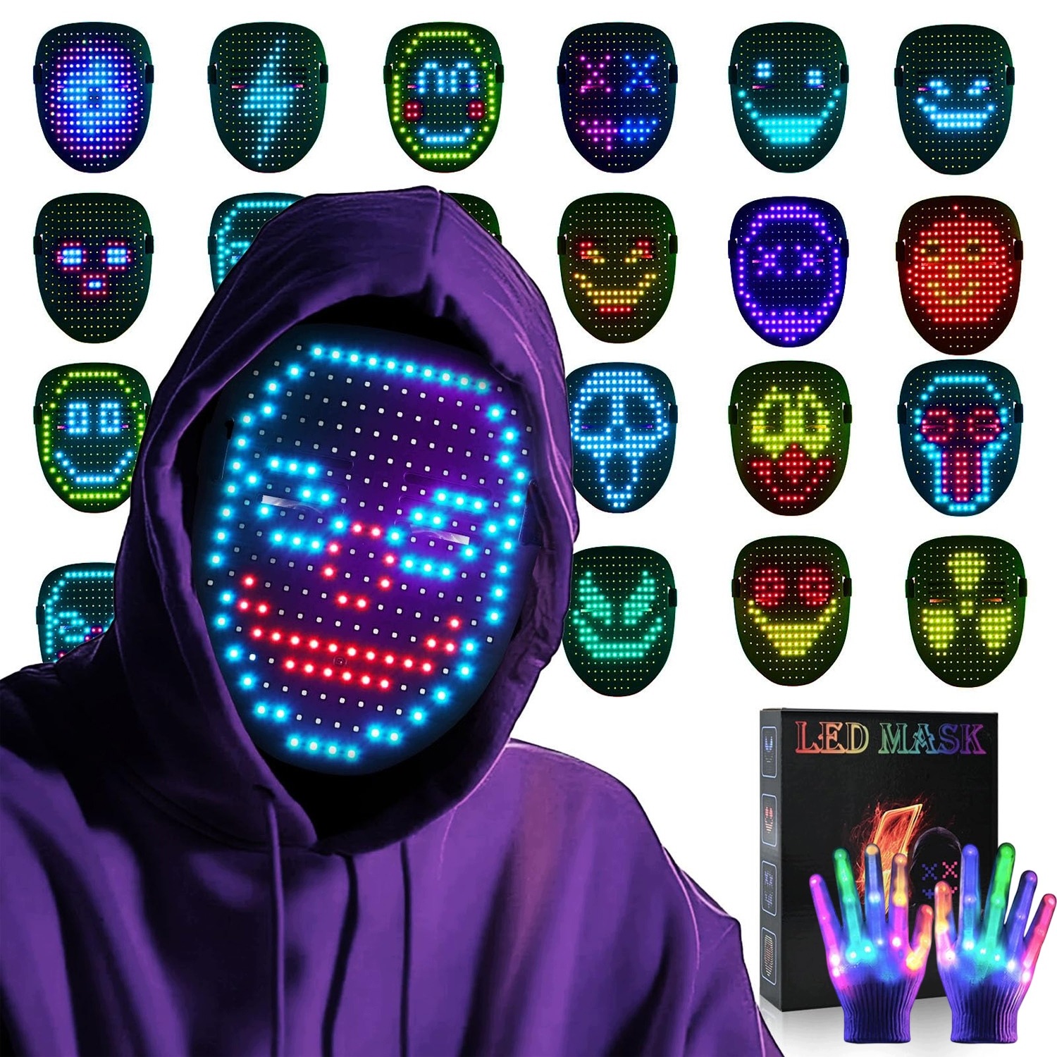 Led Rgb Digitální Maska Ovládaná Gesty Na Halloween Pro Děti I Dospělé