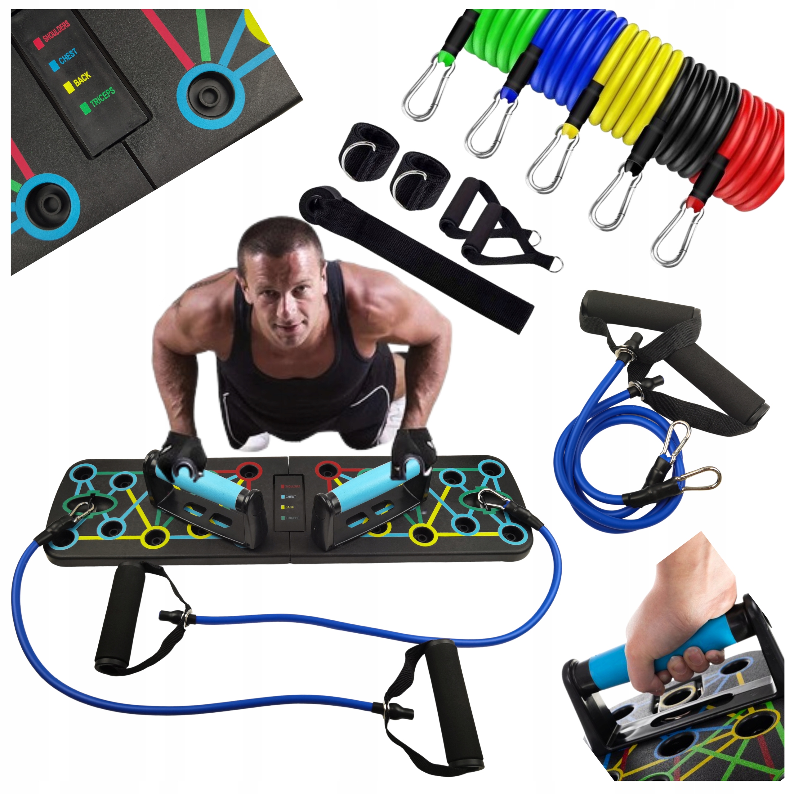 Mini siłownia Trening siłowy Fitness w domu Deska do Pompek PushUp 5 gum