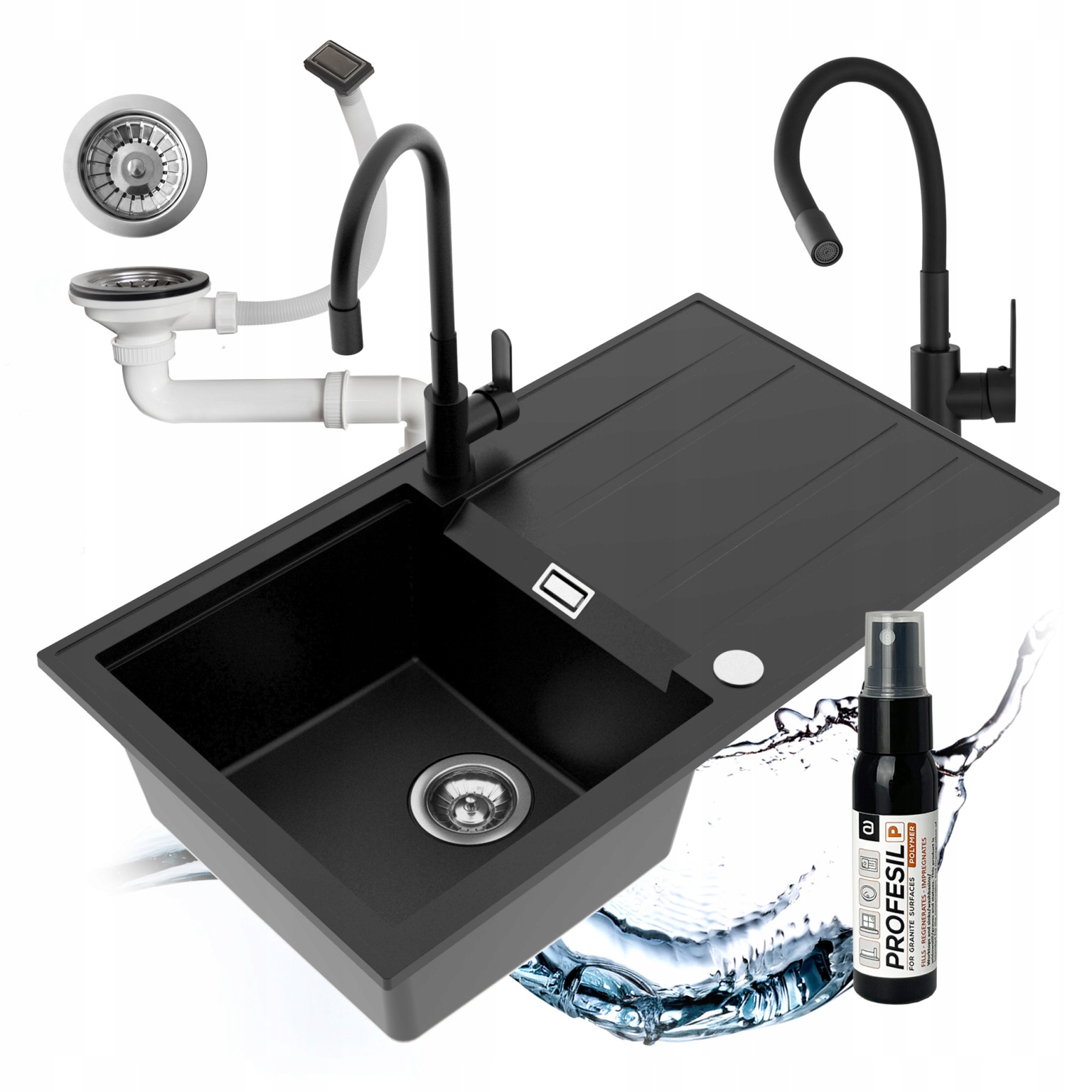 Jednokomorový granitový drez Avangard 80x46 Set, flexibilná batéria, sifón