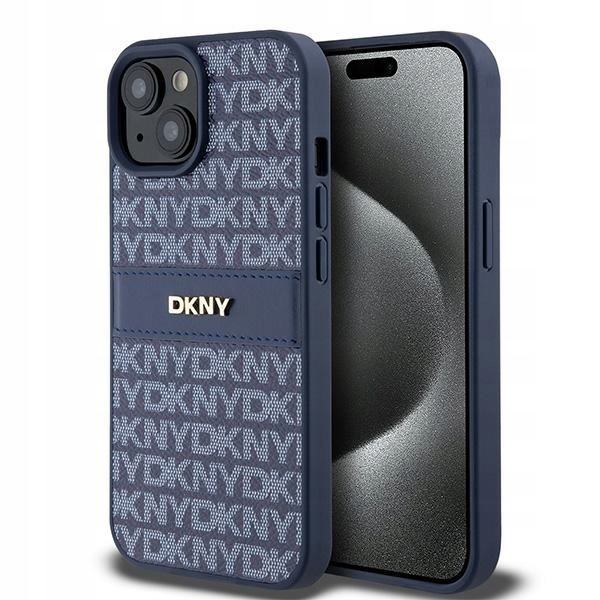 Etui Dkny Leather Mono Stripe Metal Logo na iPhone 15 14 13 niebieskie