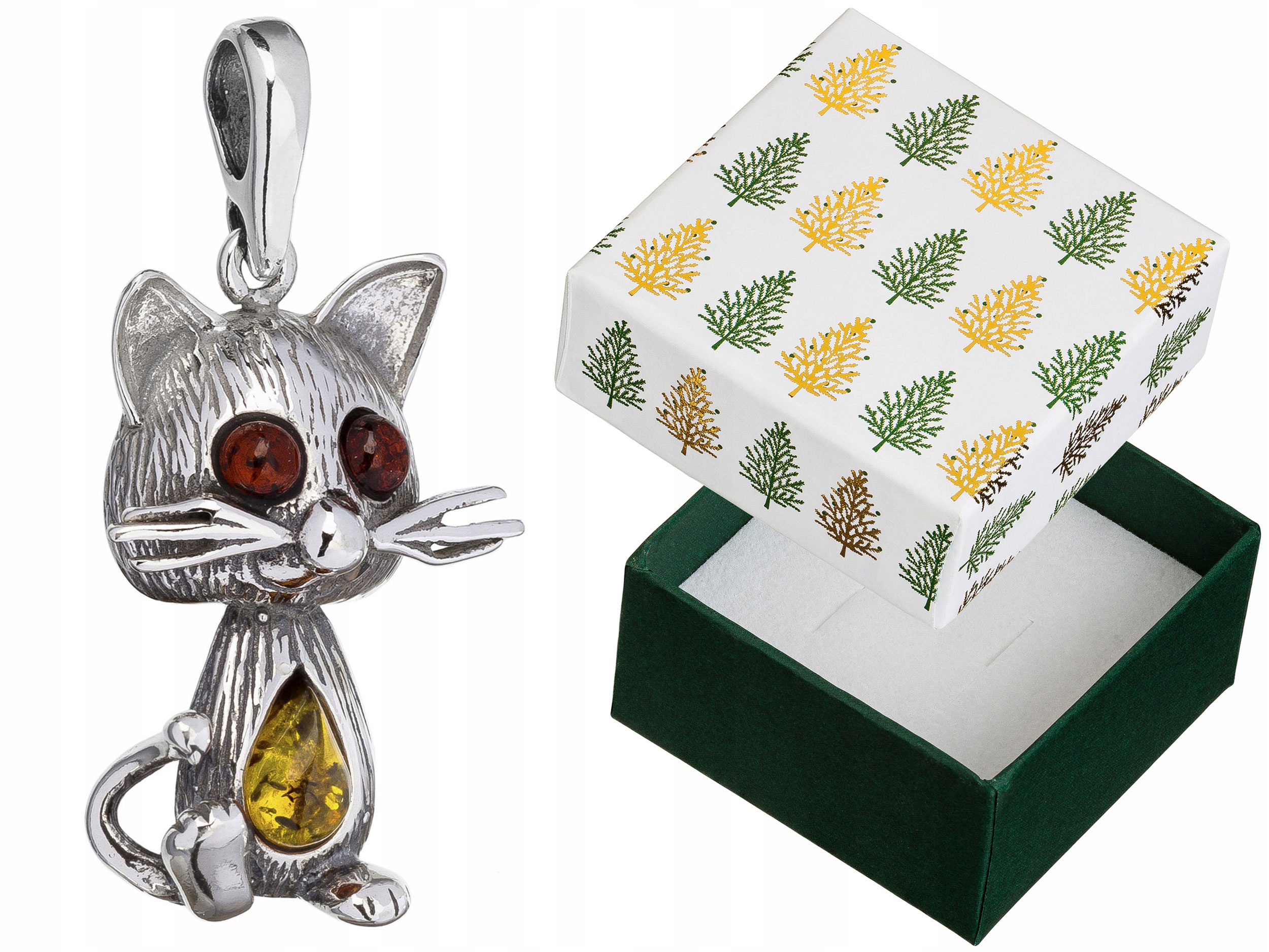 Stříbrný Přívěsek Kočka s jantarem Oxidovaný přívěsek Kočička Kotě Stříbro