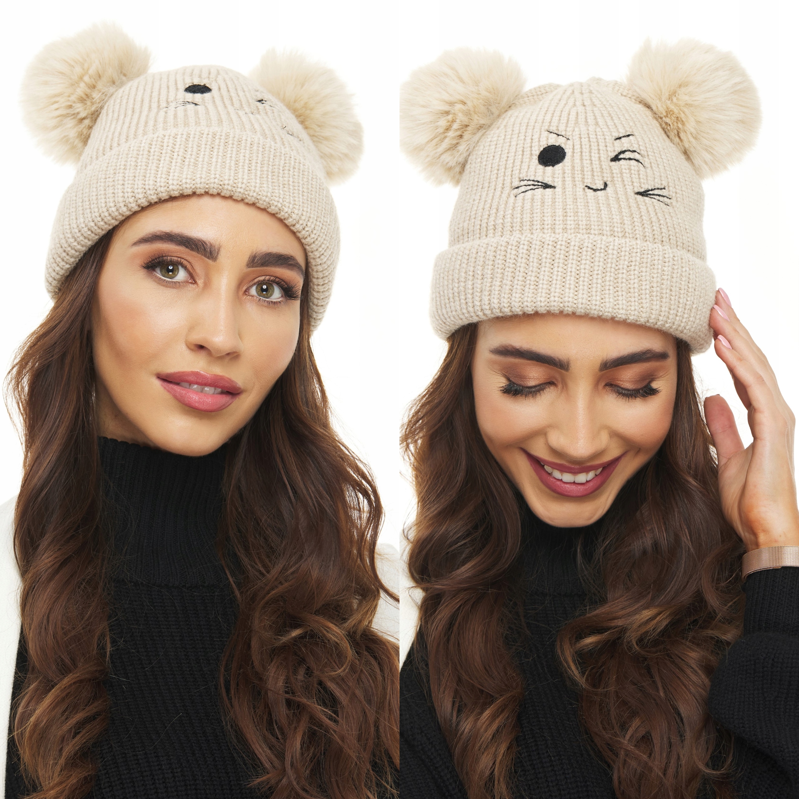 

Czapka Zimowa dwa pompony uśmiechnięty miś j. beż