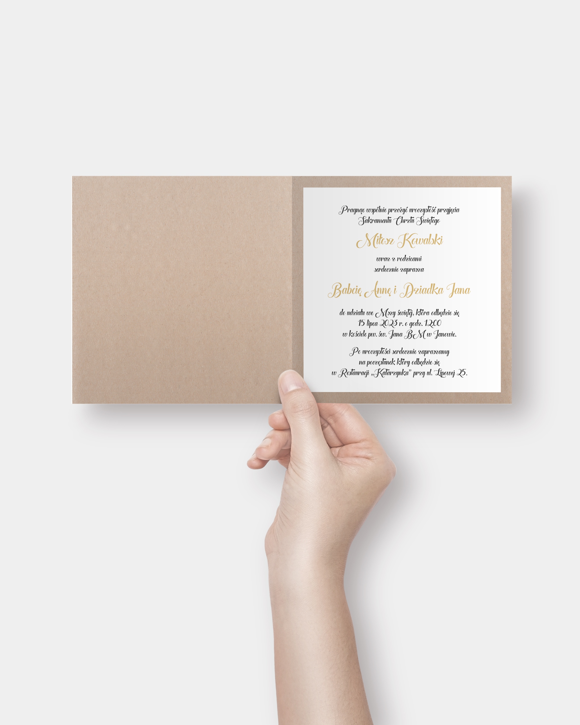 Zaproszenie na chrzest personalizowane „Flower Feet Label” Kolor dominujący złoty