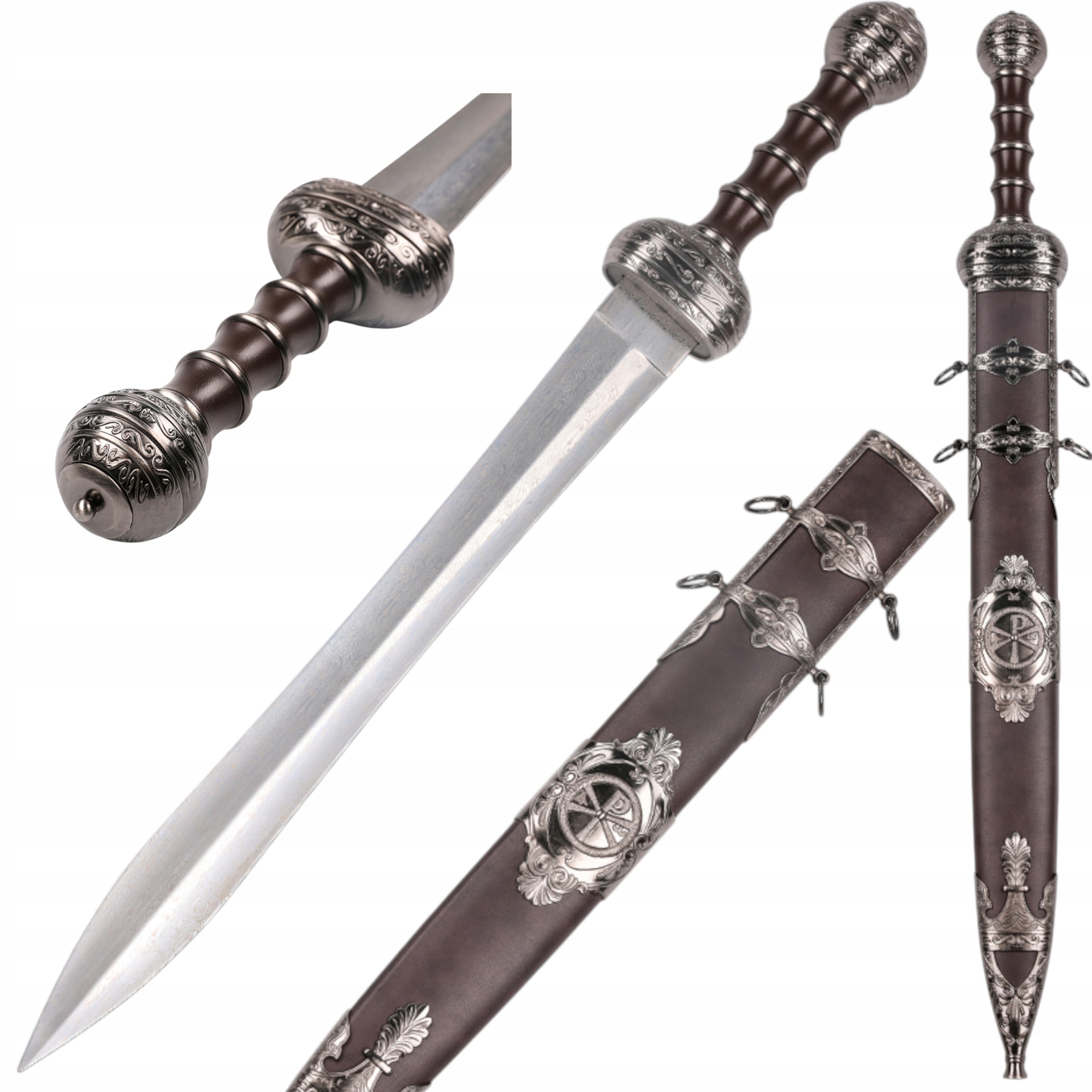 Římský ocelový meč Gladius Damast s pouzdrem a symbolem Chi-Rho JT6234S