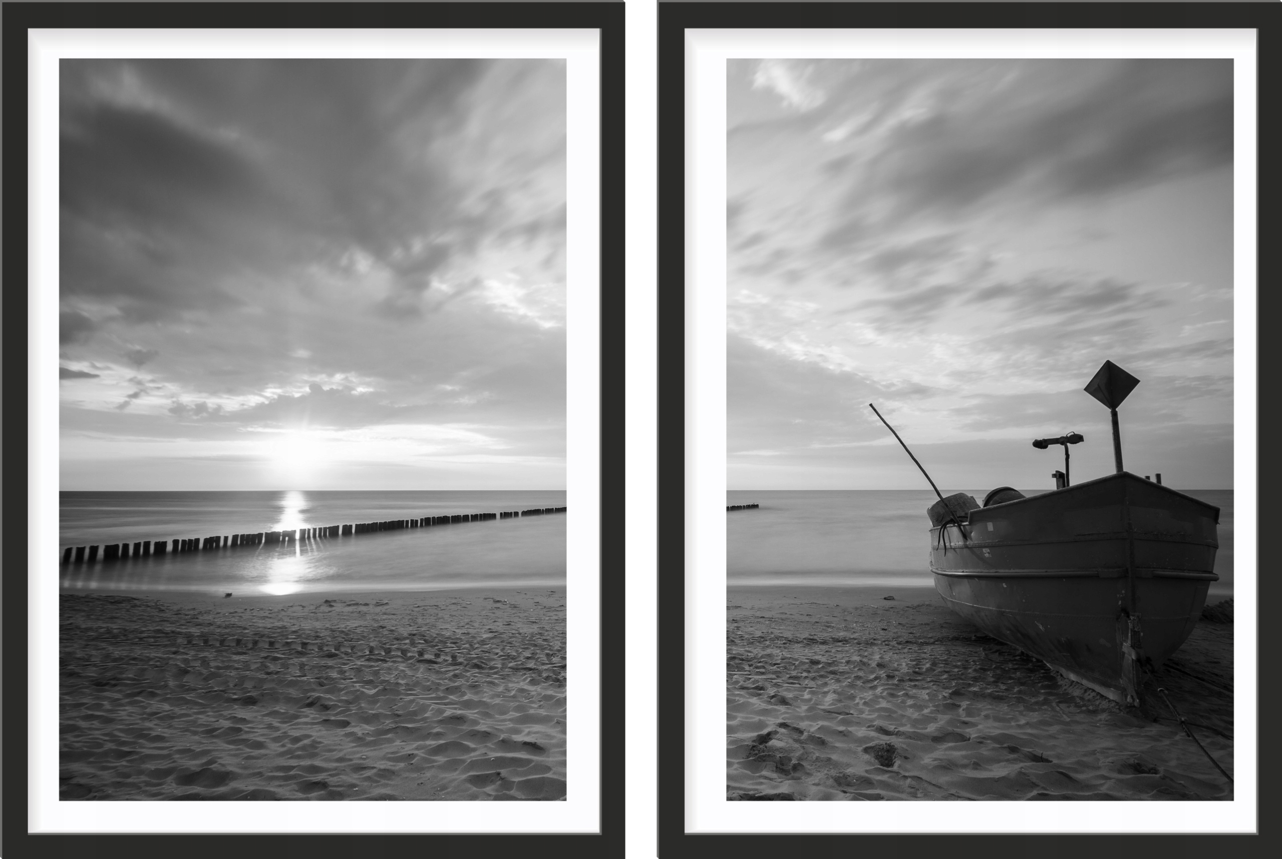 

plakat 60x40 dyptyk morze łódka plaża czarno biały