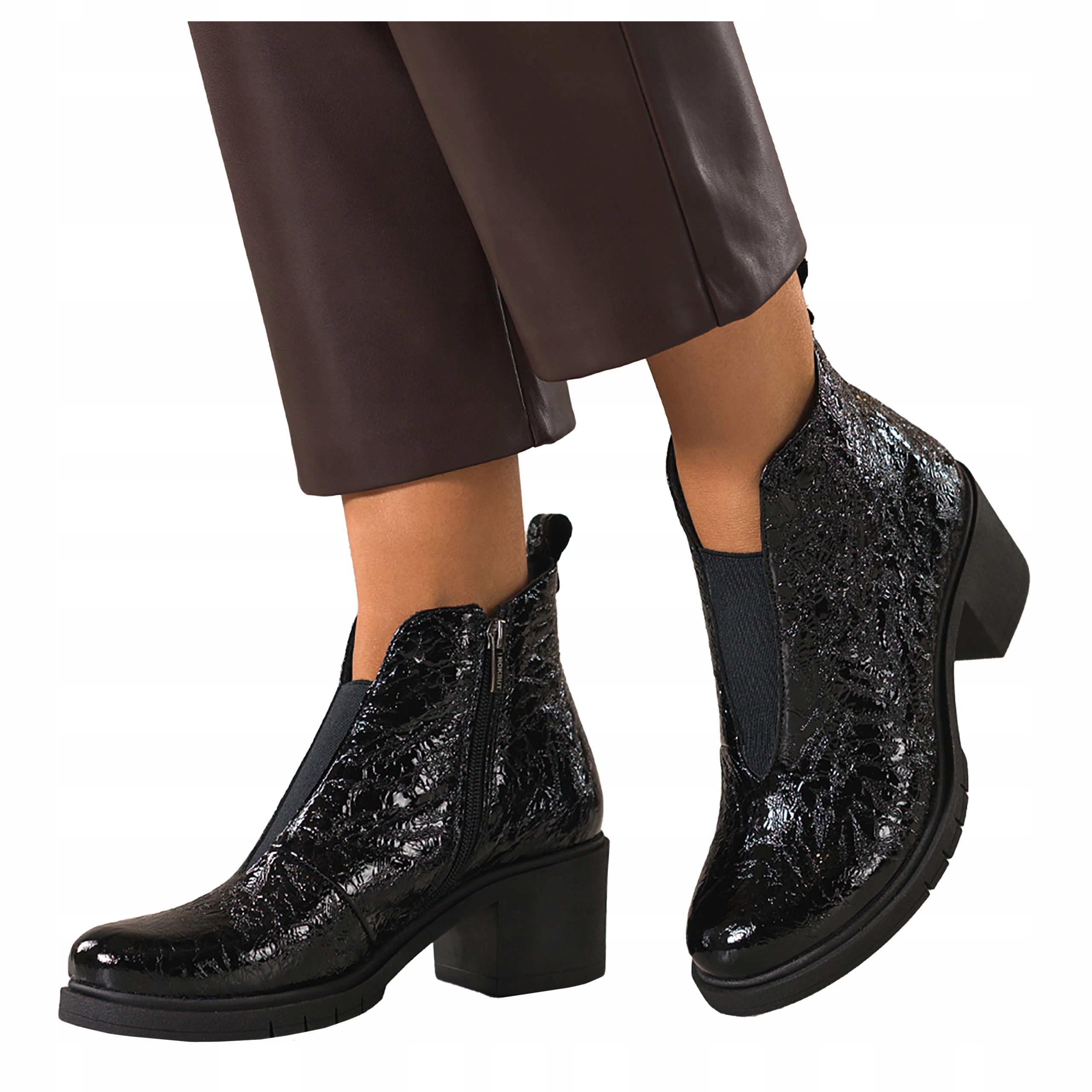 Kotníkové Boty Černé Kožené Dámské Lakované Pohodlné Vzor Široký Blok vel. 37