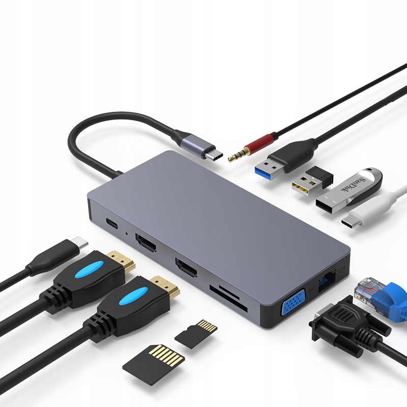 Adapter, HUB, stacja dokująca 12w1 USB-C TB HDMI 4K USB RJ45 VGA SD JACK