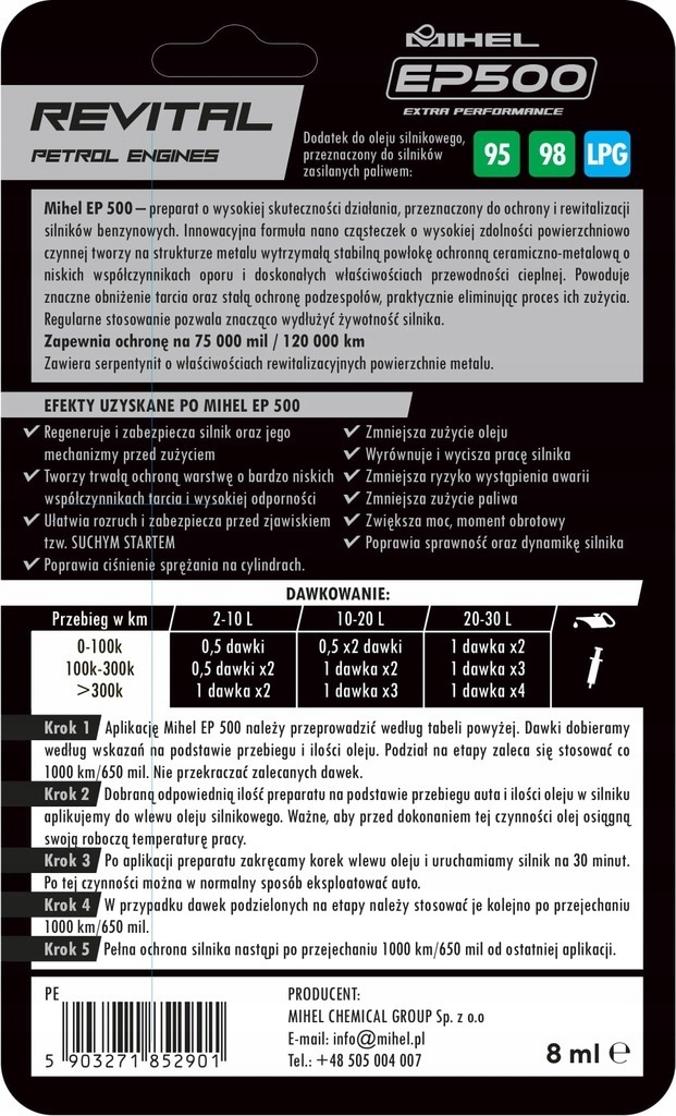 Dodatek do oleju silnikowego Mihel 8 ml Rodzaj dodatki do oleju silnikowego