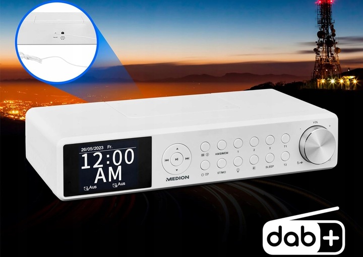 Podwieszane Radio Kuchenne PREMIUM DAB+/PLLFM Bluetooth LAMPA LED ALARM USB Marka Medion