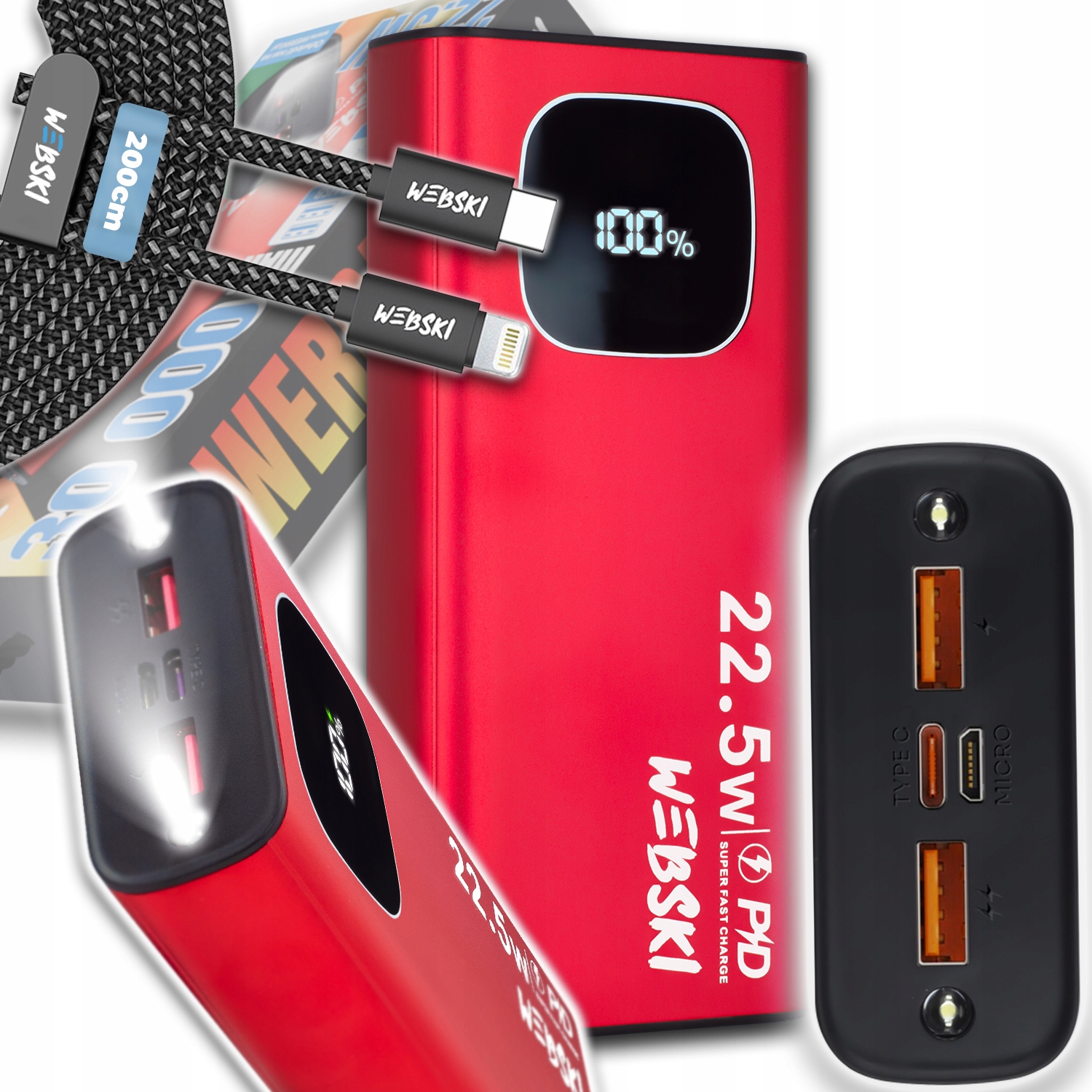 Powerbanka 22.5W Quick Charge Qc Pd Usb-c 2X Usb Kabel Lightning 2 M Dlouhý