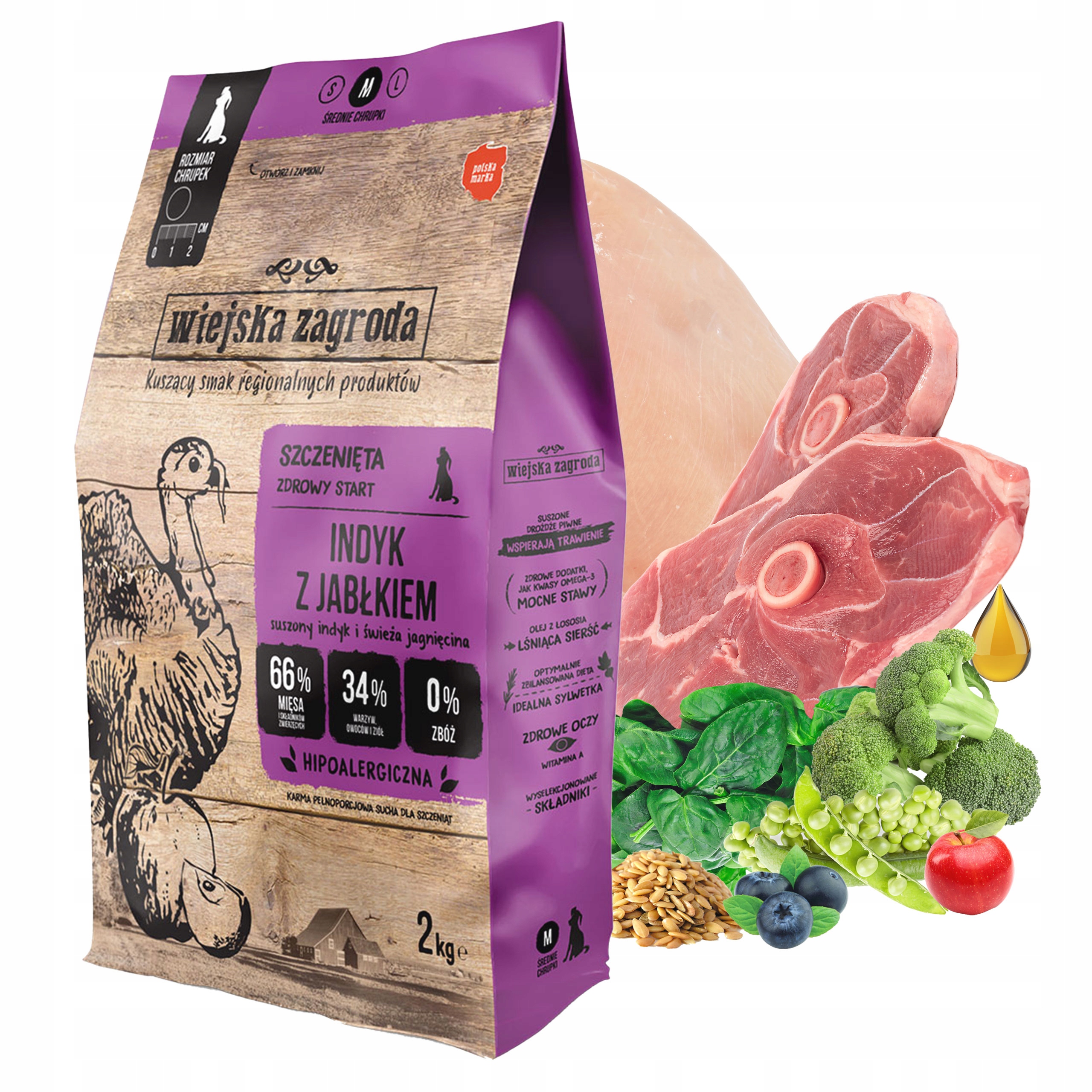 Levně Wiejska Zagroda Krmivo suché pro štěňata Krůta s jablkem Křupky M 2 kg