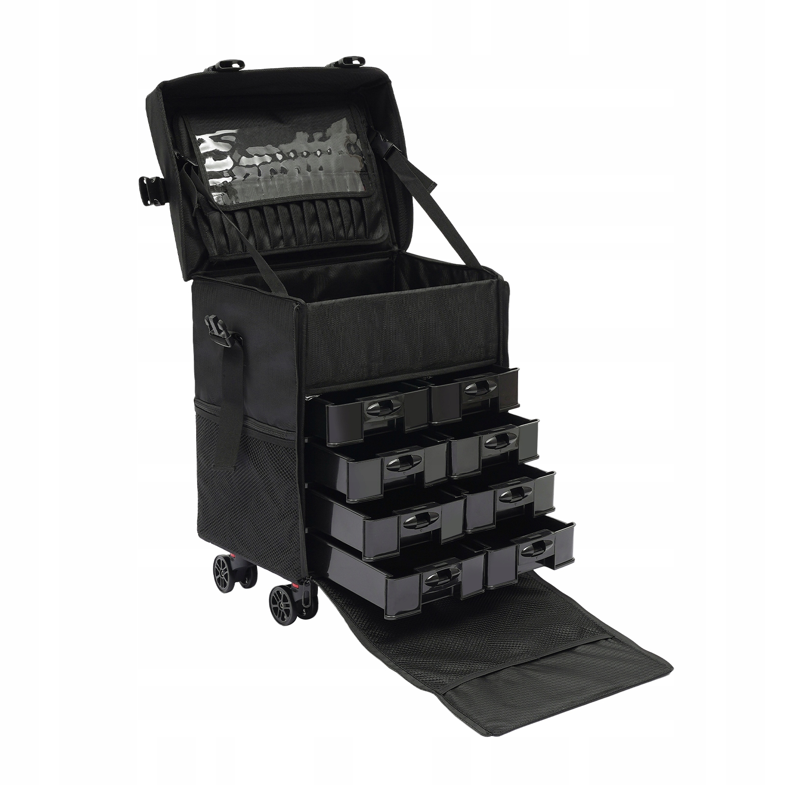 Víceúčelový, víceúrovňový kosmetický kufr, vozík s rukojetí