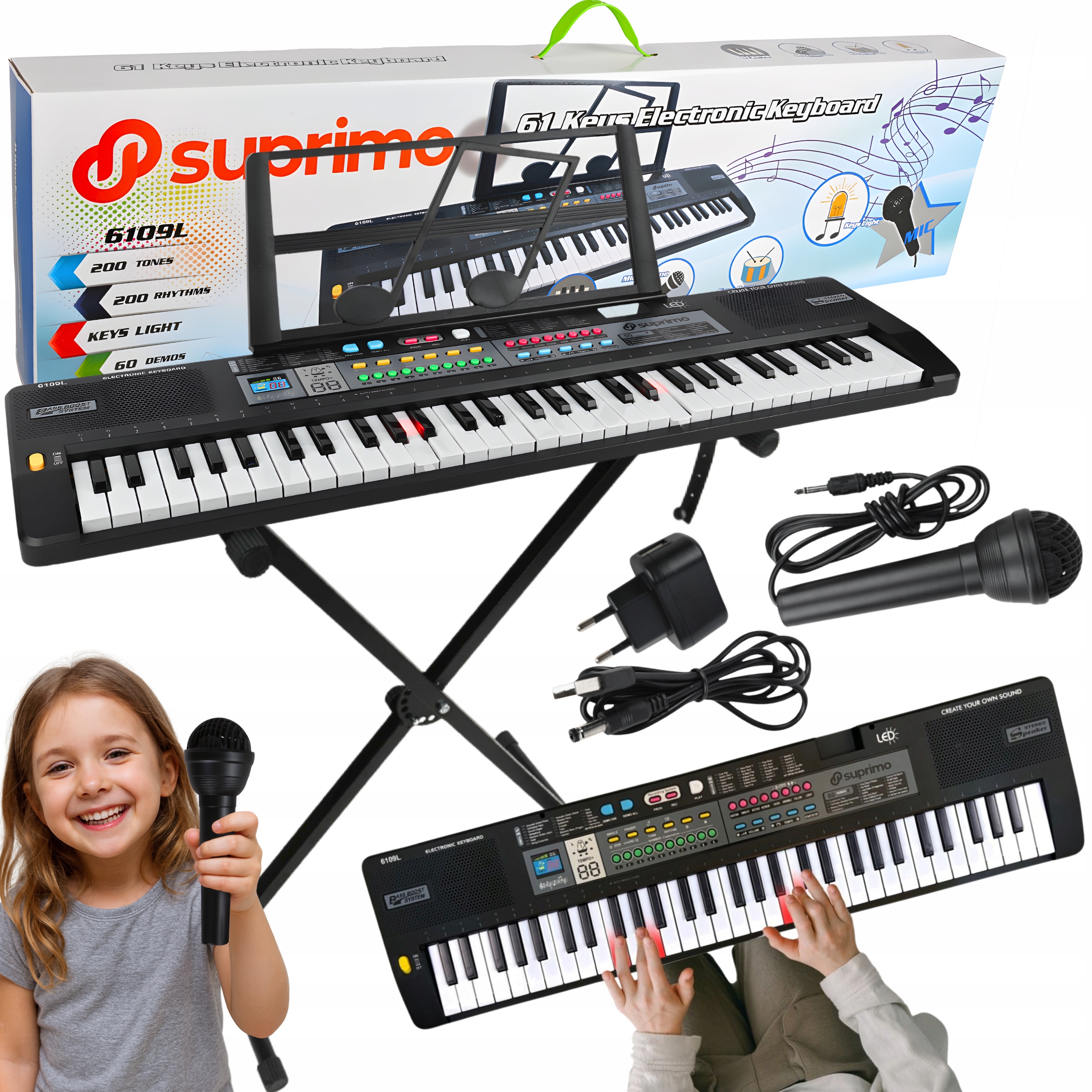 Sada Kláves Klavírní Varhany 61KL Podsvícené Klávesy Pro Učení Stativ