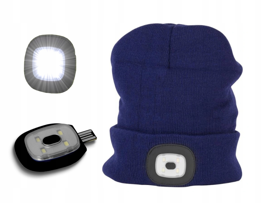 CZAPKA ZIMOWA Z LATARKĄ 4xLED BEZPIECZNA GRANATOWA