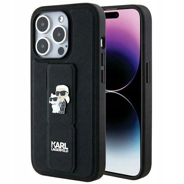 Pouzdro Karl Lagerfeld Gripstand Saffiano Karl&Choupette Pins pro iPhone 14 Pro