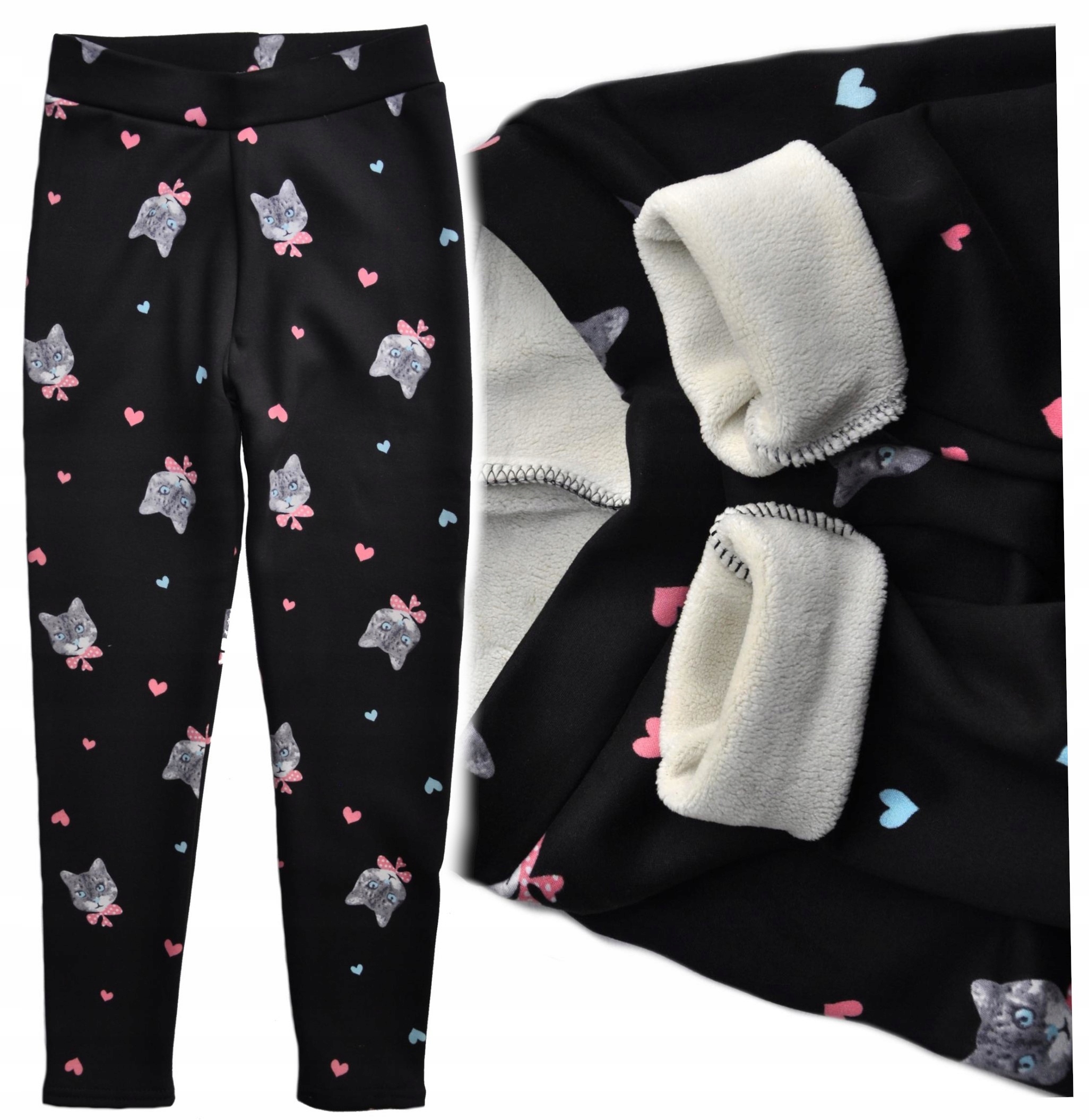 Spodnie legginsy Grube czarne w Koty ocieplane ciepłym polarem r 122/128