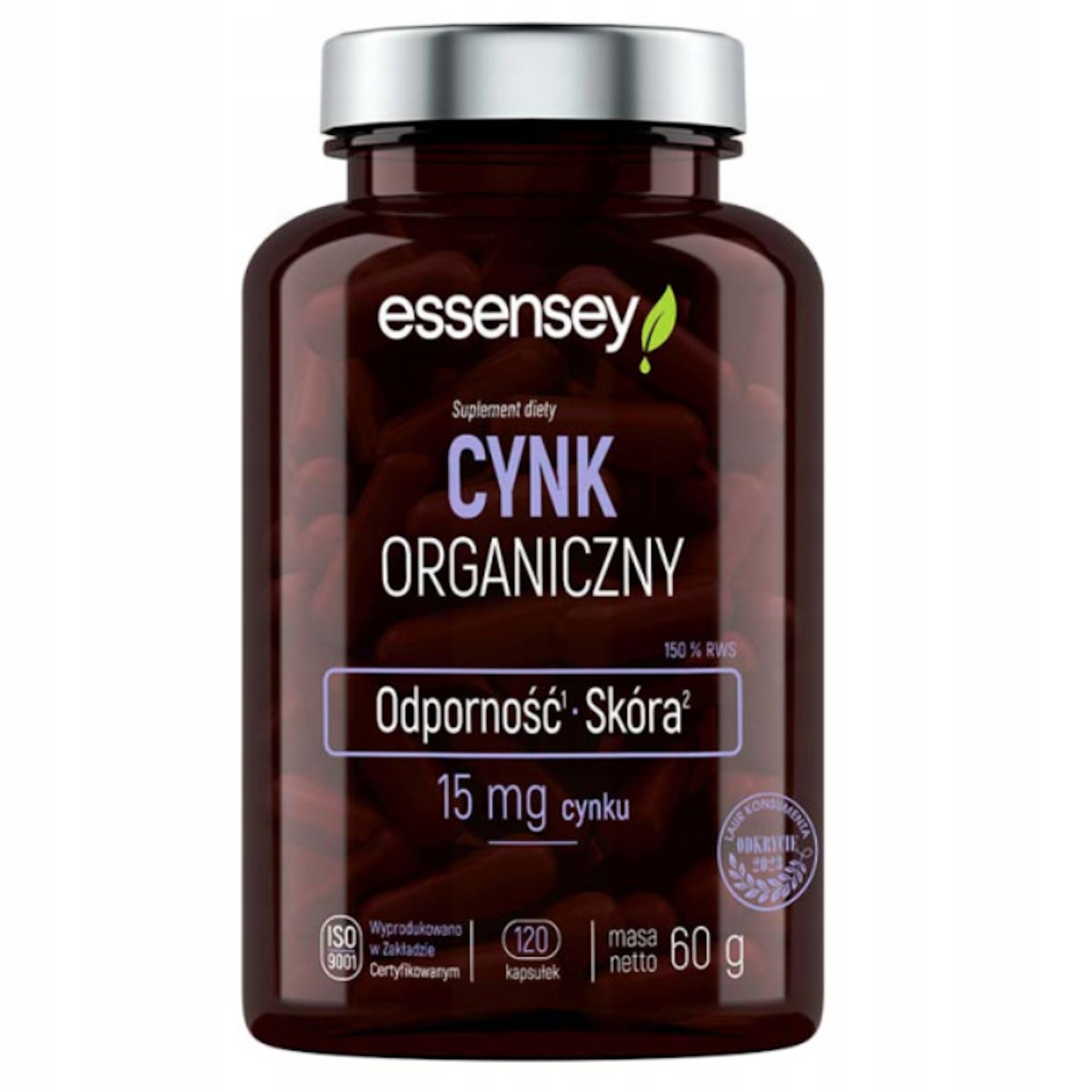 Essensey Cynk Organiczny 120 kap. Glukonian Odporność Skóra Włosy Paznokcie