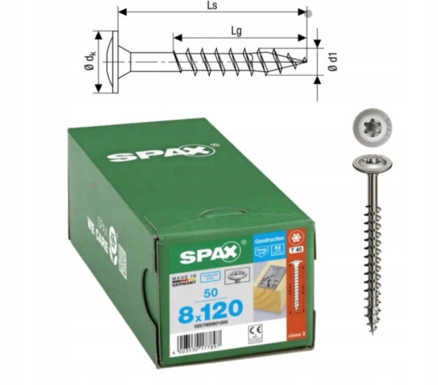 Skrutky do dreva z ušľachtilej ocele A2 Spax 8 x 120 mm 50 ks