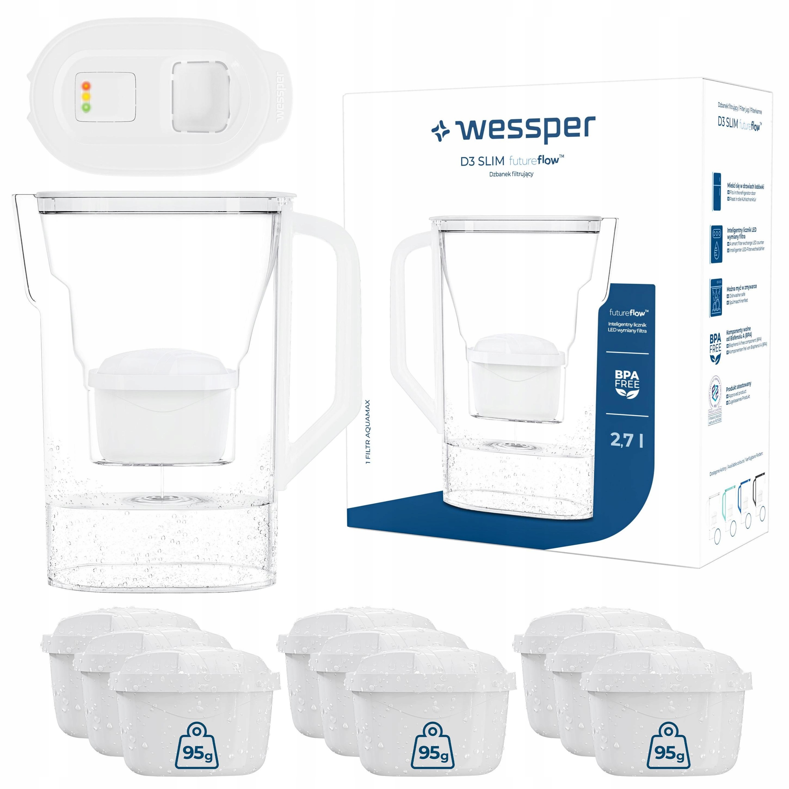 Filtrační konvice na vodu Wessper D3 Slim 2,7 l pro ledničku Led 10 vodních filtrů