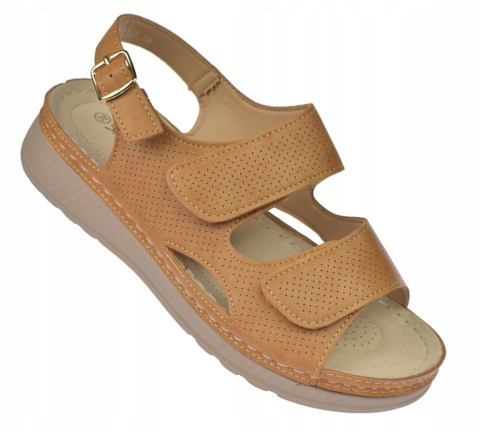 Dámské sandály camel na suchý zip pohodlné S-3-Y137 platforma kůže komfort vel. 36