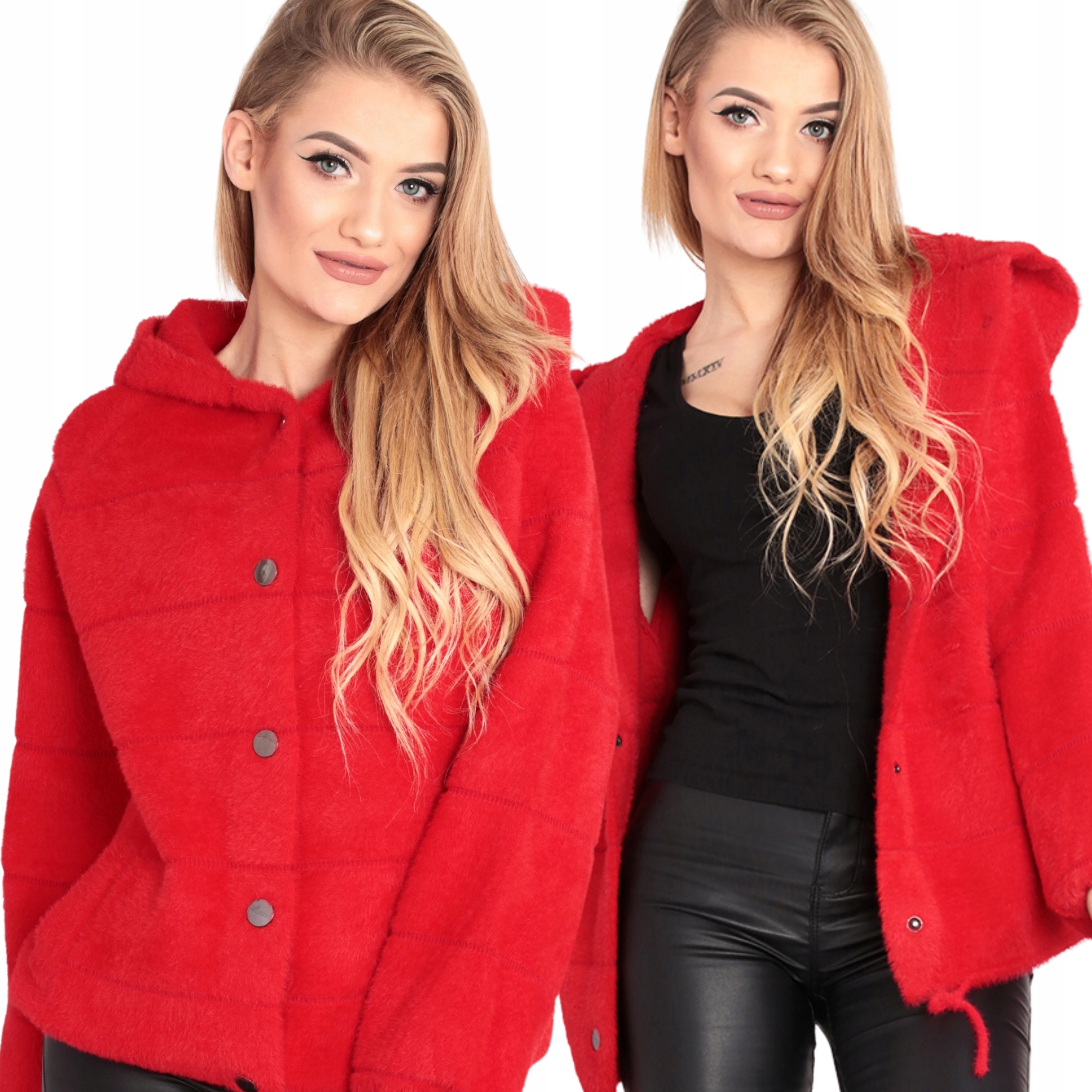 Kurtka Sweter Alpaka Kaptur Damska Modna Czerwony 2020