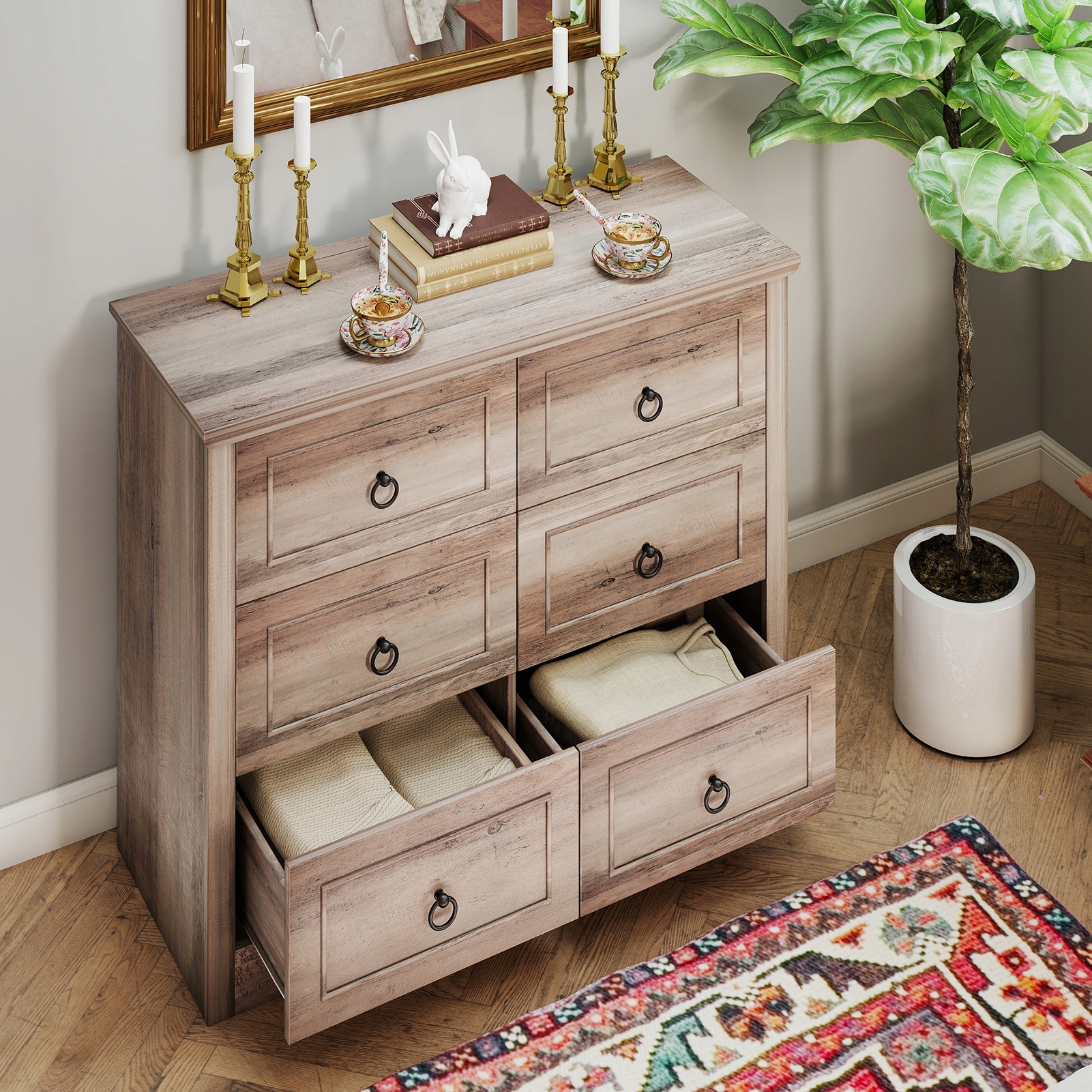 Komoda se 6 zásuvkami, šedá, do ložnice/obývacího pokoje