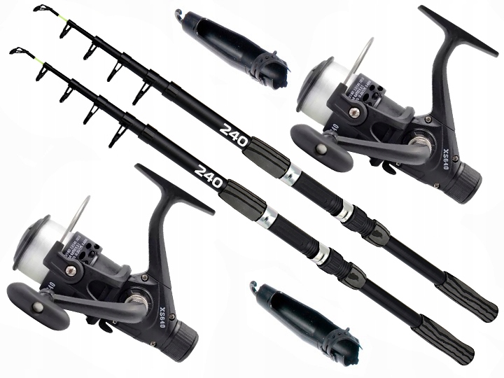 Rybářský Set 2x Rybářský Prut teleskop Černý 240 2x Kolík Grunt Splávek Spin