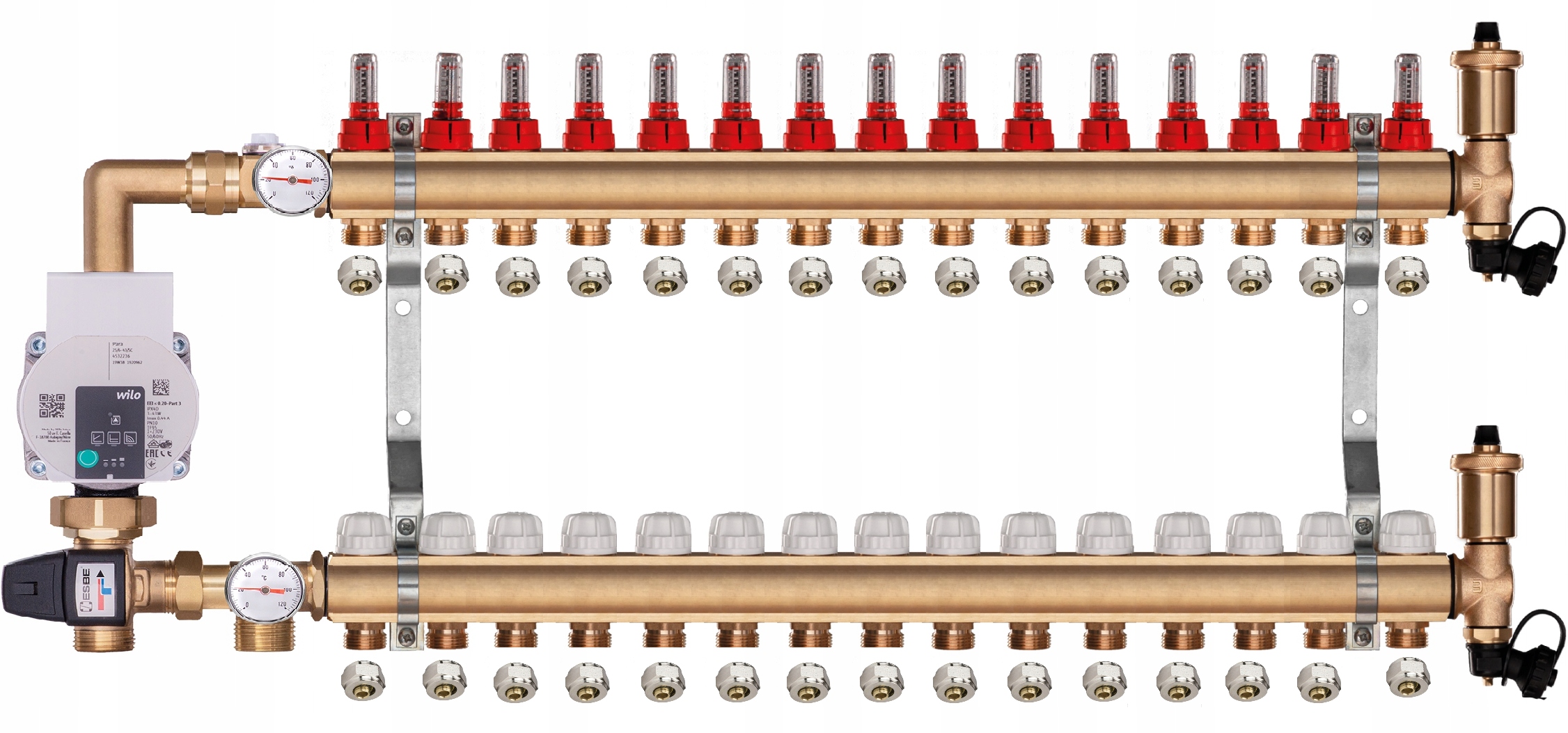 Mosazný rozdělovač pro podlahovku 15 s Pumpovou Skupinou Wilo Pex Spojky