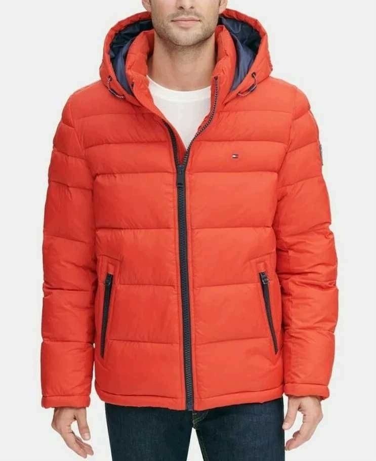 Tommy Hilfiger pikowana zimowa kurtka męska Puffer czerwona z niebieskim zamkiem S