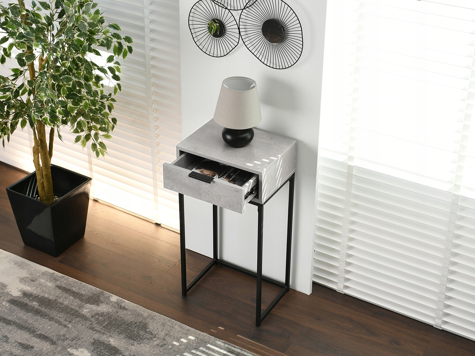 WĄSKA KONSOLA PRZYŚCIENNA Z SZUFLADKĄ NORA S BETON CZARNE METALOWE NOGI Marka Mebel-Partner